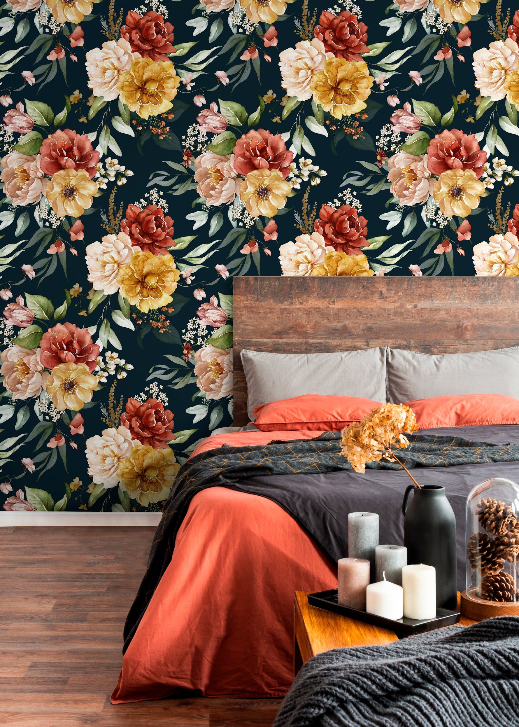 Dark Floral Vintage Wallpaper / Peel and Stick Wallpaper Removable Wallpaper Home Decor Wall Art Wall Decor Room Decor - C827