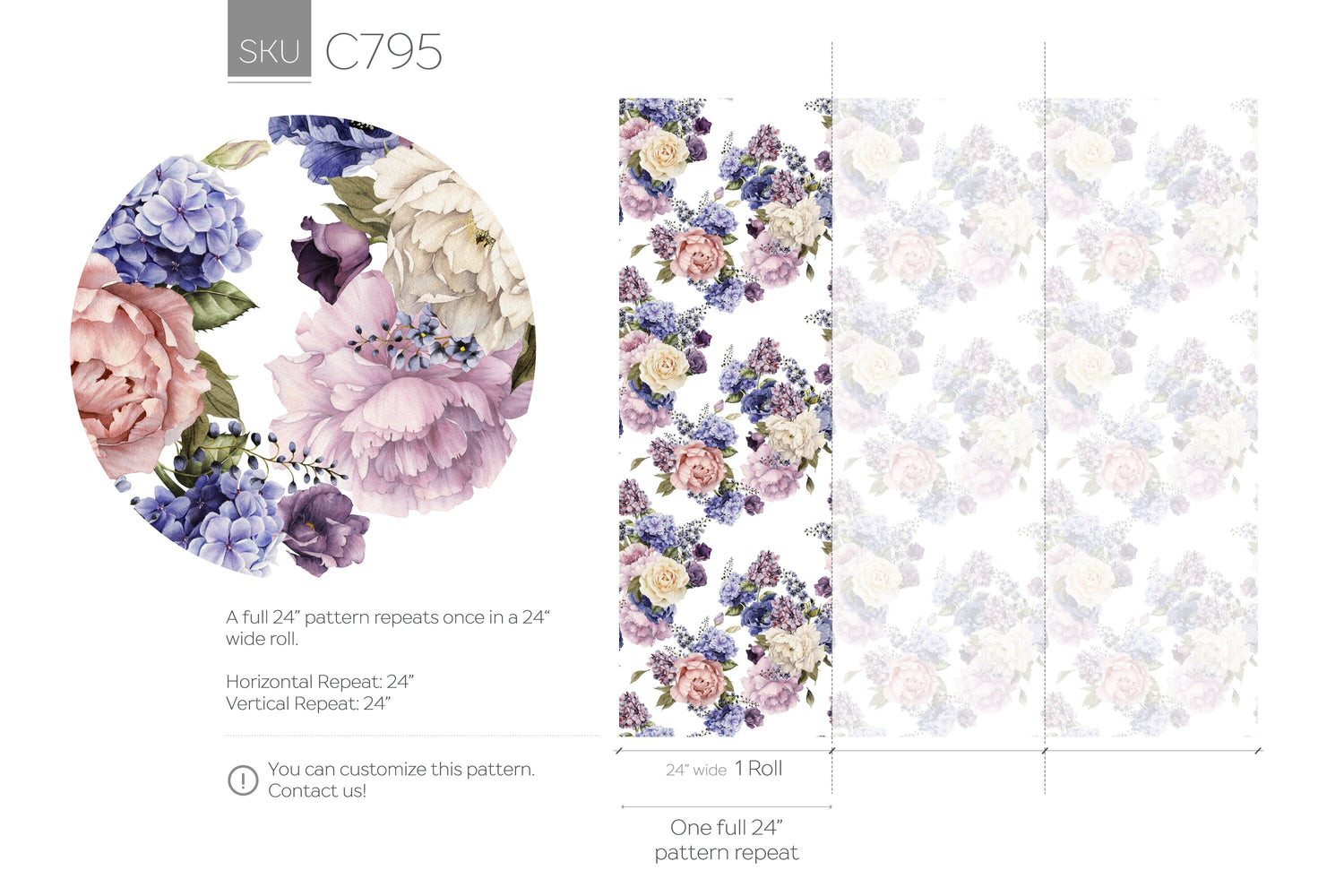 Floral Roses and Hydrangeas Wallpaper / Peel and Stick Wallpaper Removable Wallpaper Home Decor Wall Art Wall Decor Room Decor - C795