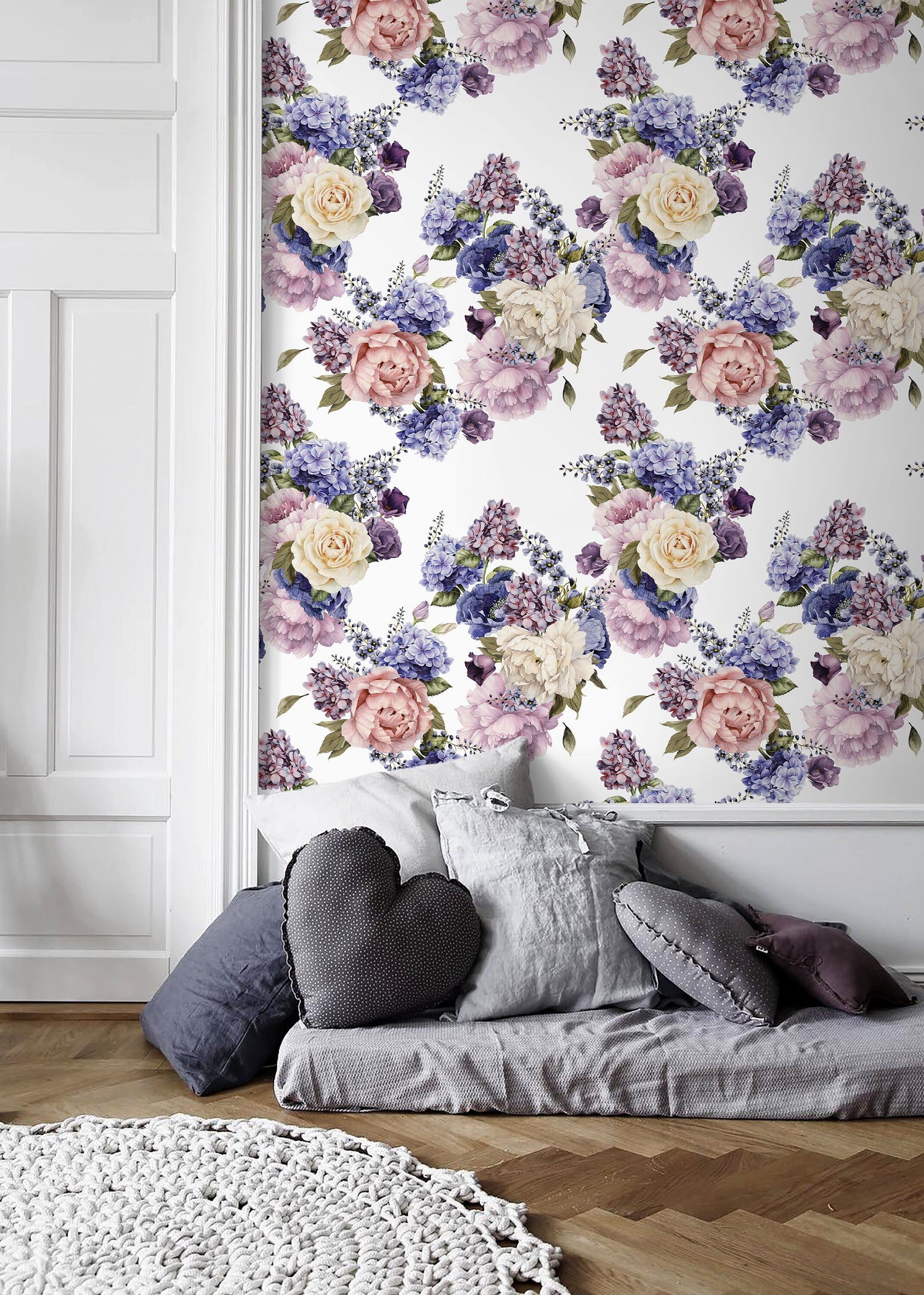 Floral Roses and Hydrangeas Wallpaper / Peel and Stick Wallpaper Removable Wallpaper Home Decor Wall Art Wall Decor Room Decor - C795