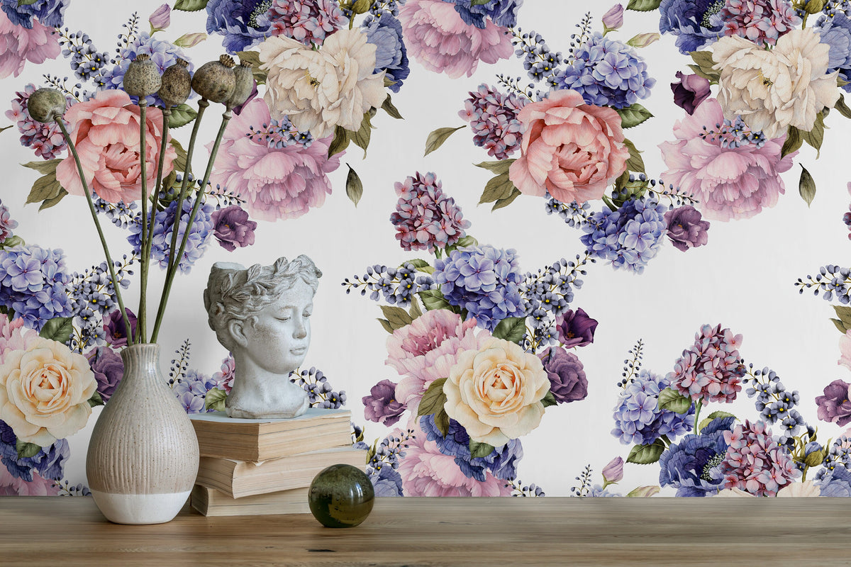 Floral Roses and Hydrangeas Wallpaper / Peel and Stick Wallpaper Removable Wallpaper Home Decor Wall Art Wall Decor Room Decor - C795