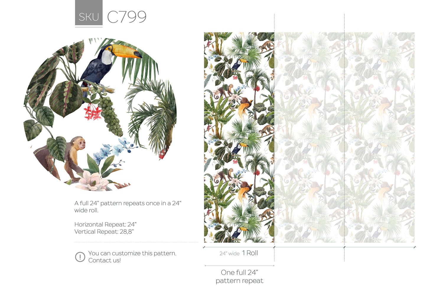 Jungle Monkeys and Bird Wallpaper / Peel and Stick Wallpaper Removable Wallpaper Home Decor Wall Art Wall Decor Room Decor - C799