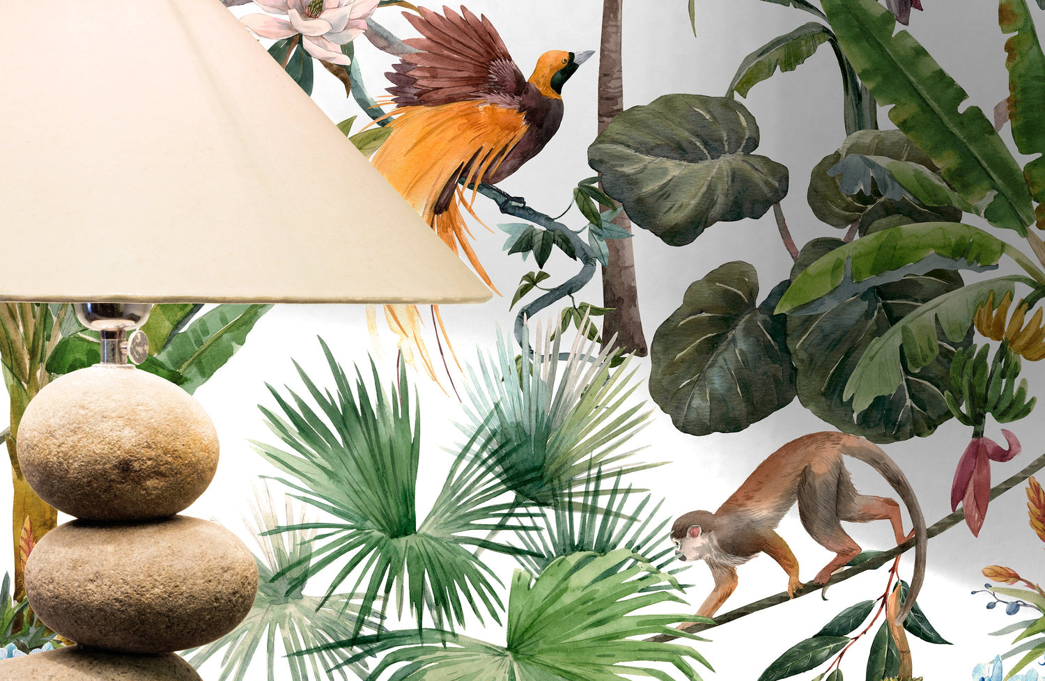 Jungle Monkeys and Bird Wallpaper / Peel and Stick Wallpaper Removable Wallpaper Home Decor Wall Art Wall Decor Room Decor - C799