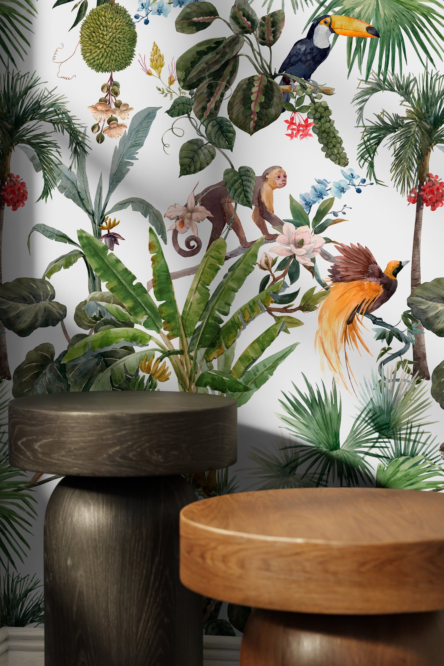 Jungle Monkeys and Bird Wallpaper / Peel and Stick Wallpaper Removable Wallpaper Home Decor Wall Art Wall Decor Room Decor - C799