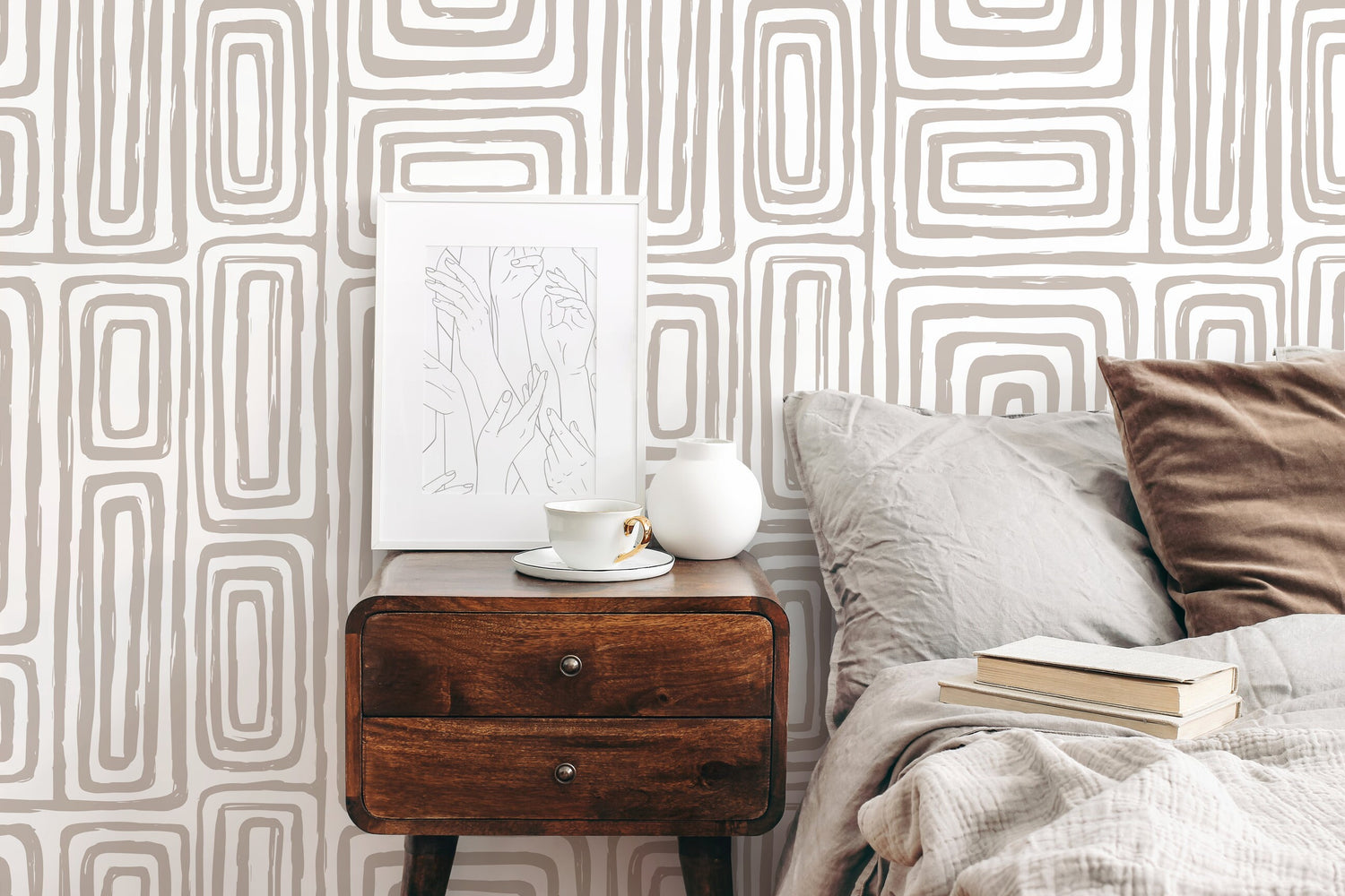 Warm Neutral Paint Brushed Labyrinth Wallpaper Peel and Stick Removable Repositionable Minimalistic Abstract Boho Beige & White - ZAAA