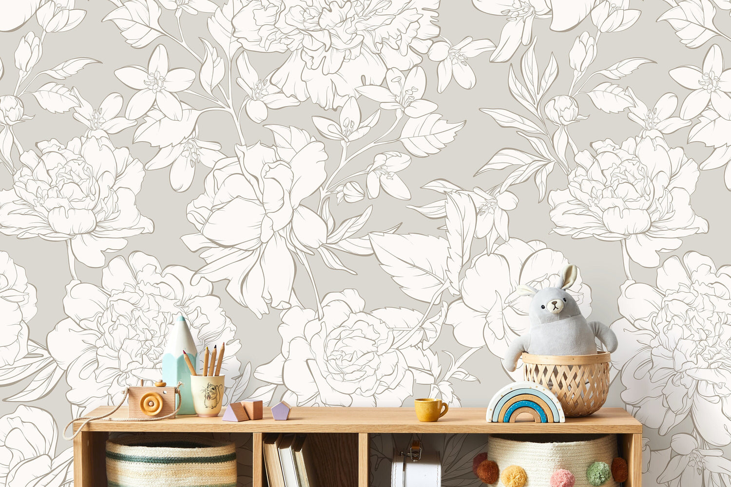 Light Boho Peony Wallpaper Peel and Stick Removable Repositionable Floral Minimalistic Abstract - ZAAM