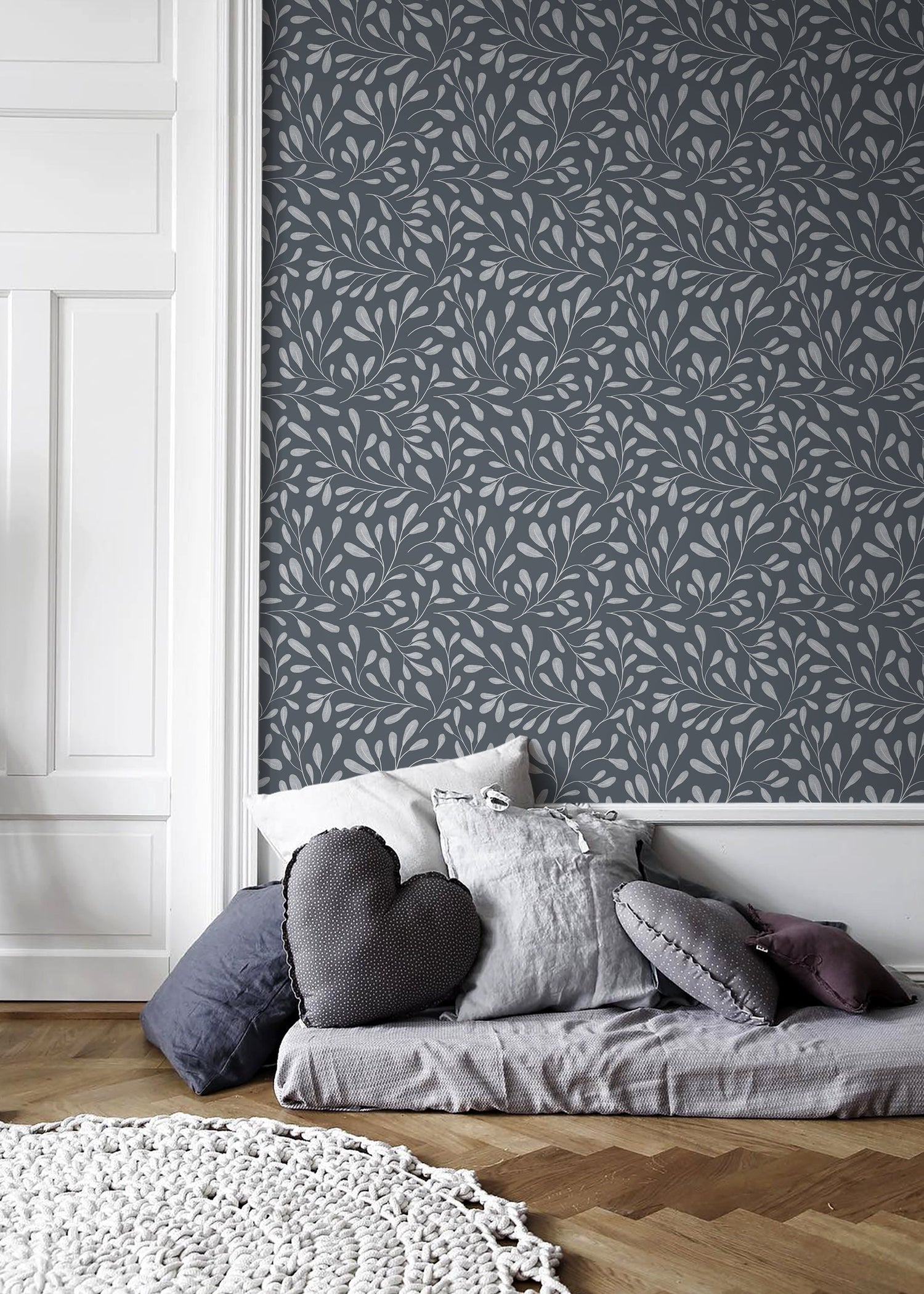 Gray Boho Leaf Wallpaper / Peel and Stick Wallpaper Removable Wallpaper Home Decor Wall Art Wall Decor Room Decor - C909