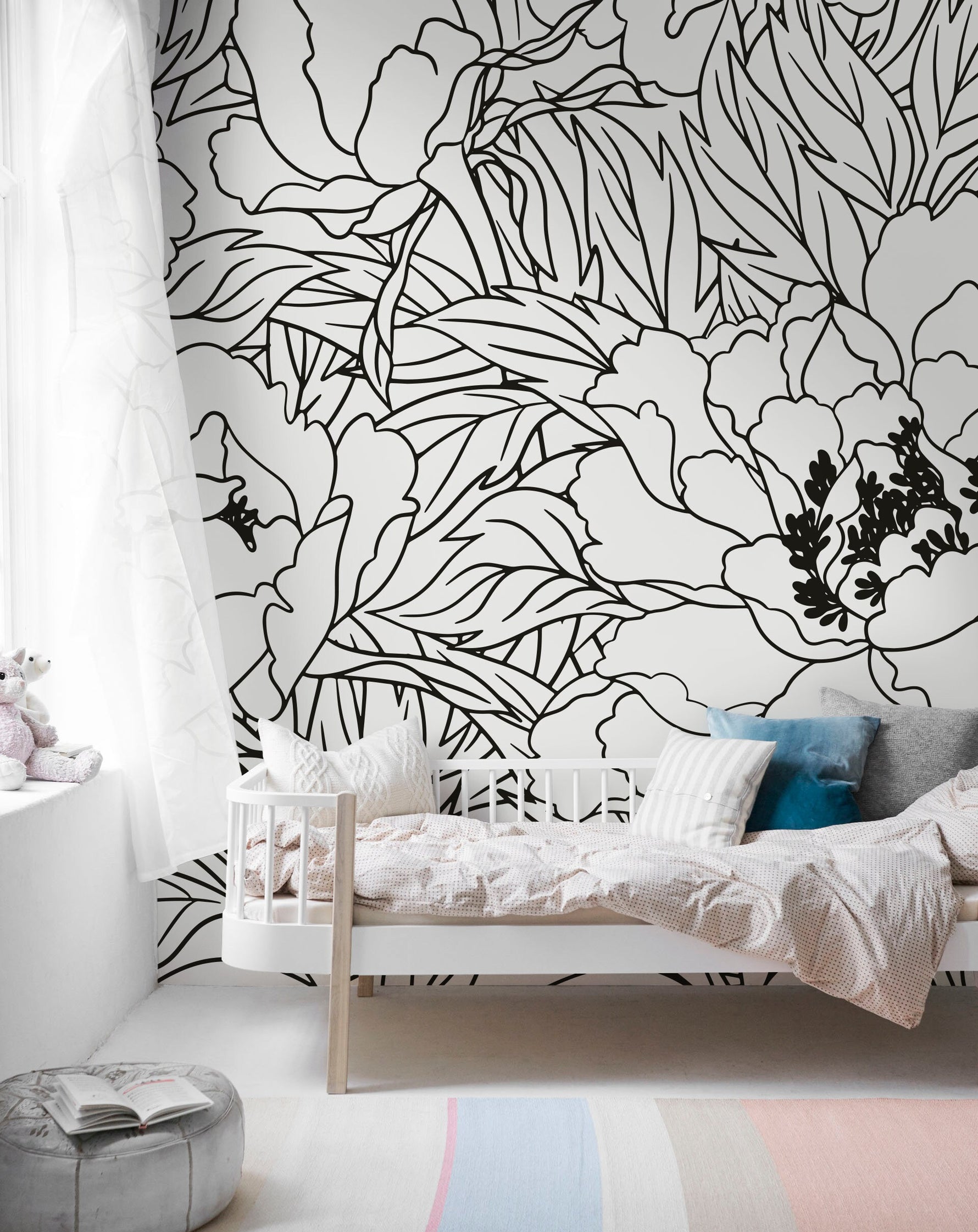 Black and White Large Floral Wallpaper / Peel and Stick Wallpaper Removable Wallpaper Home Decor Wall Art Wall Decor Room Decor - C919