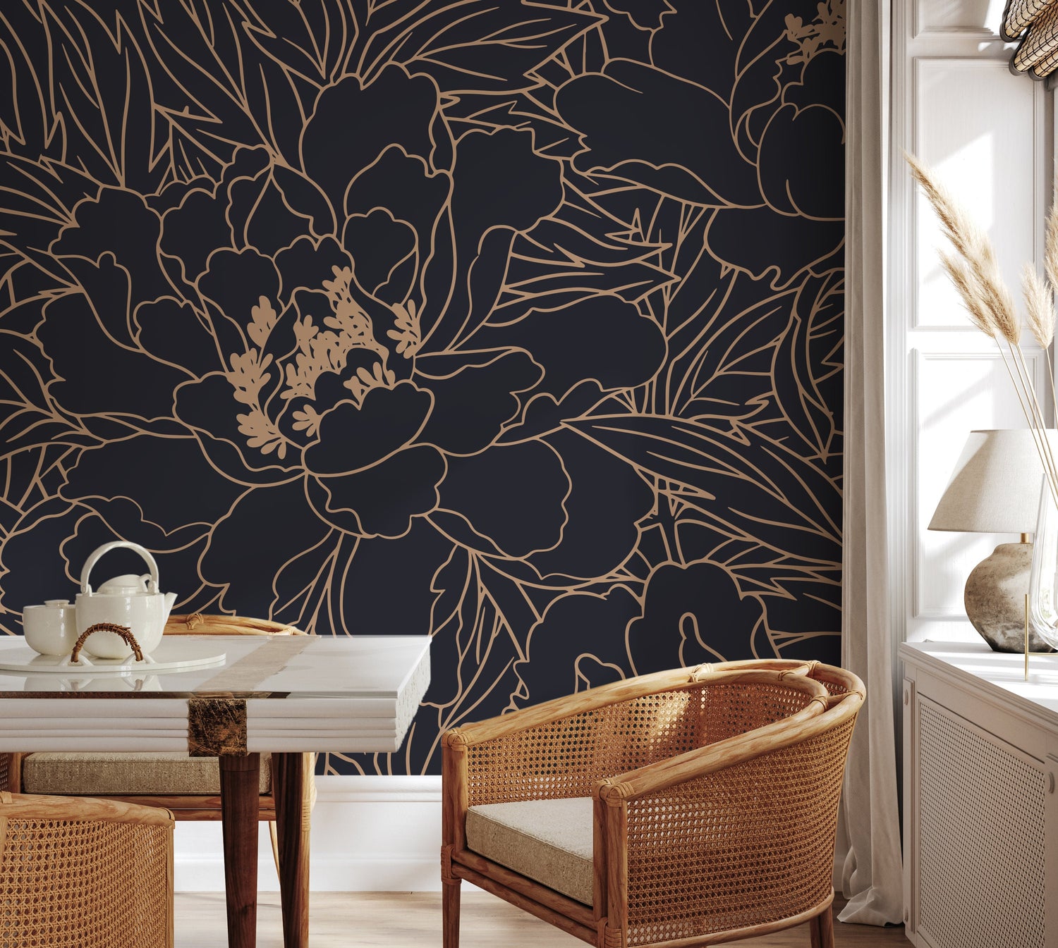 Dark Blue Large Floral Wallpaper / Peel and Stick Wallpaper Removable Wallpaper Home Decor Wall Art Wall Decor Room Decor - C932