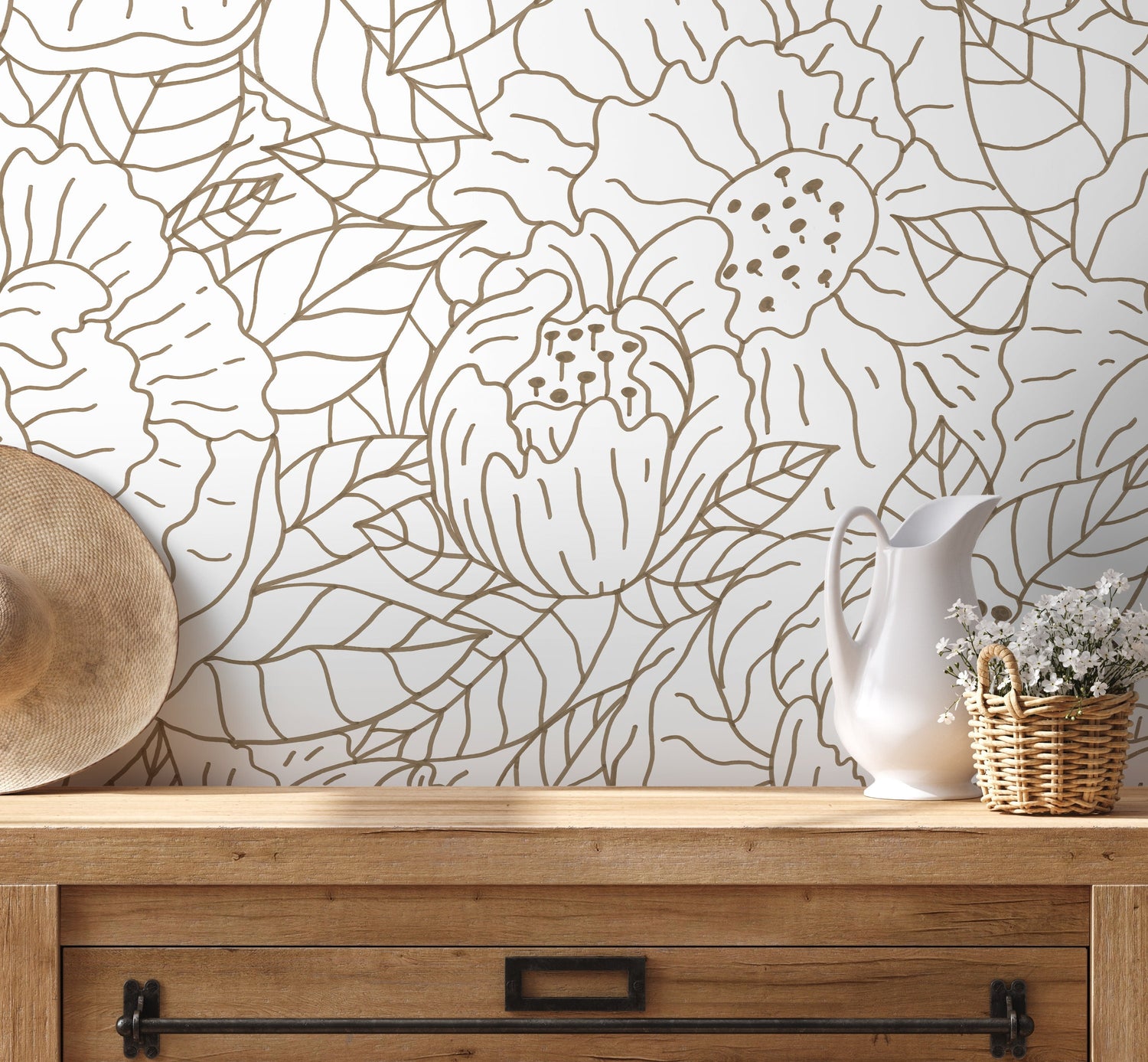 Floral Boho Hand Drawing Wallpaper / Peel and Stick Wallpaper Removable Wallpaper Home Decor Wall Art Wall Decor Room Decor - C944