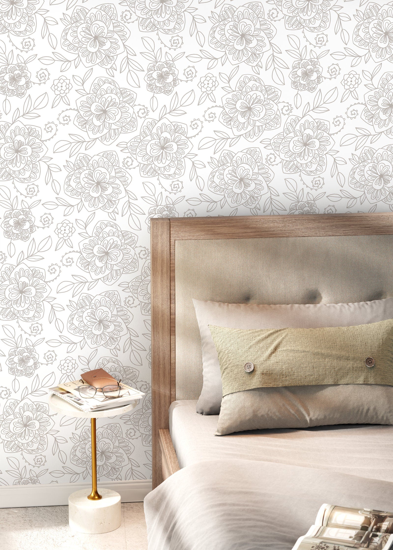 Neutral Boho Floral Wallpaper / Peel and Stick Wallpaper Removable Wallpaper Home Decor Wall Art Wall Decor Room Decor - C963