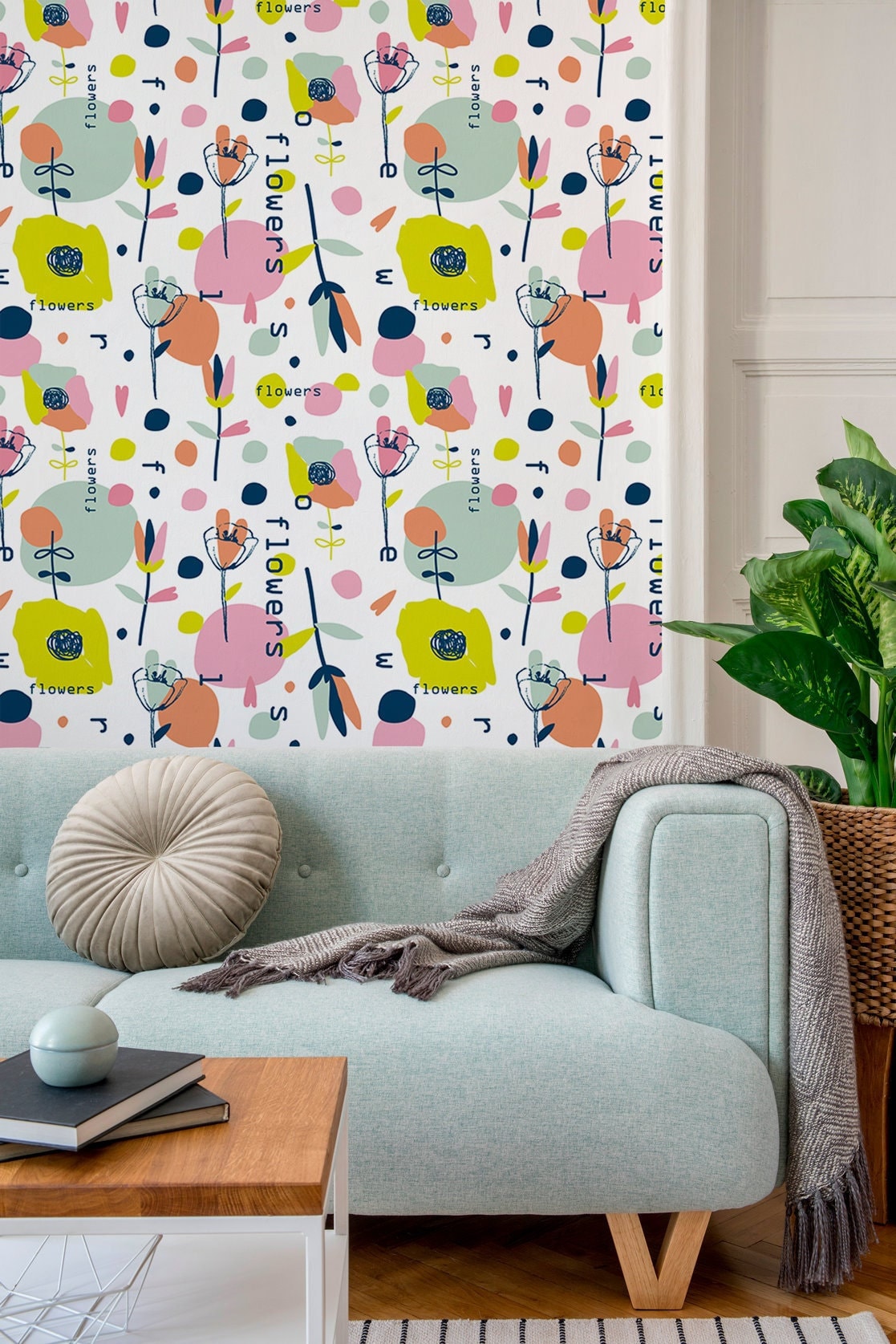 Wall Decor Wallpaper Peel and Stick Wallpaper Removable Wallpaper Home Decor Room Decor / Colorful Floral Scandinavian Wallpaper - B170