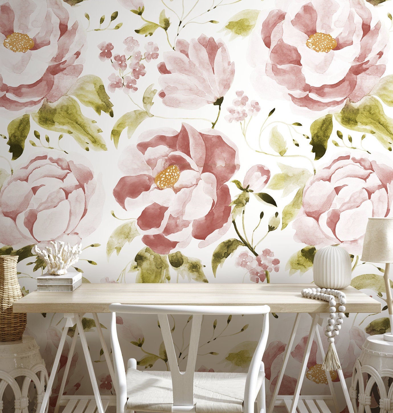 Pink Vintage Floral Wallpaper / Peel and Stick Wallpaper Removable Wallpaper Home Decor Wall Art Wall Decor Room Decor - C965