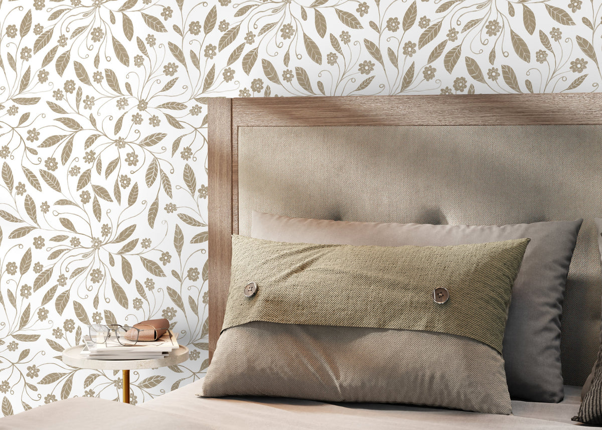 Beige Floral Garden Wallpaper / Peel and Stick Wallpaper Removable Wallpaper Home Decor Wall Art Wall Decor Room Decor - C968