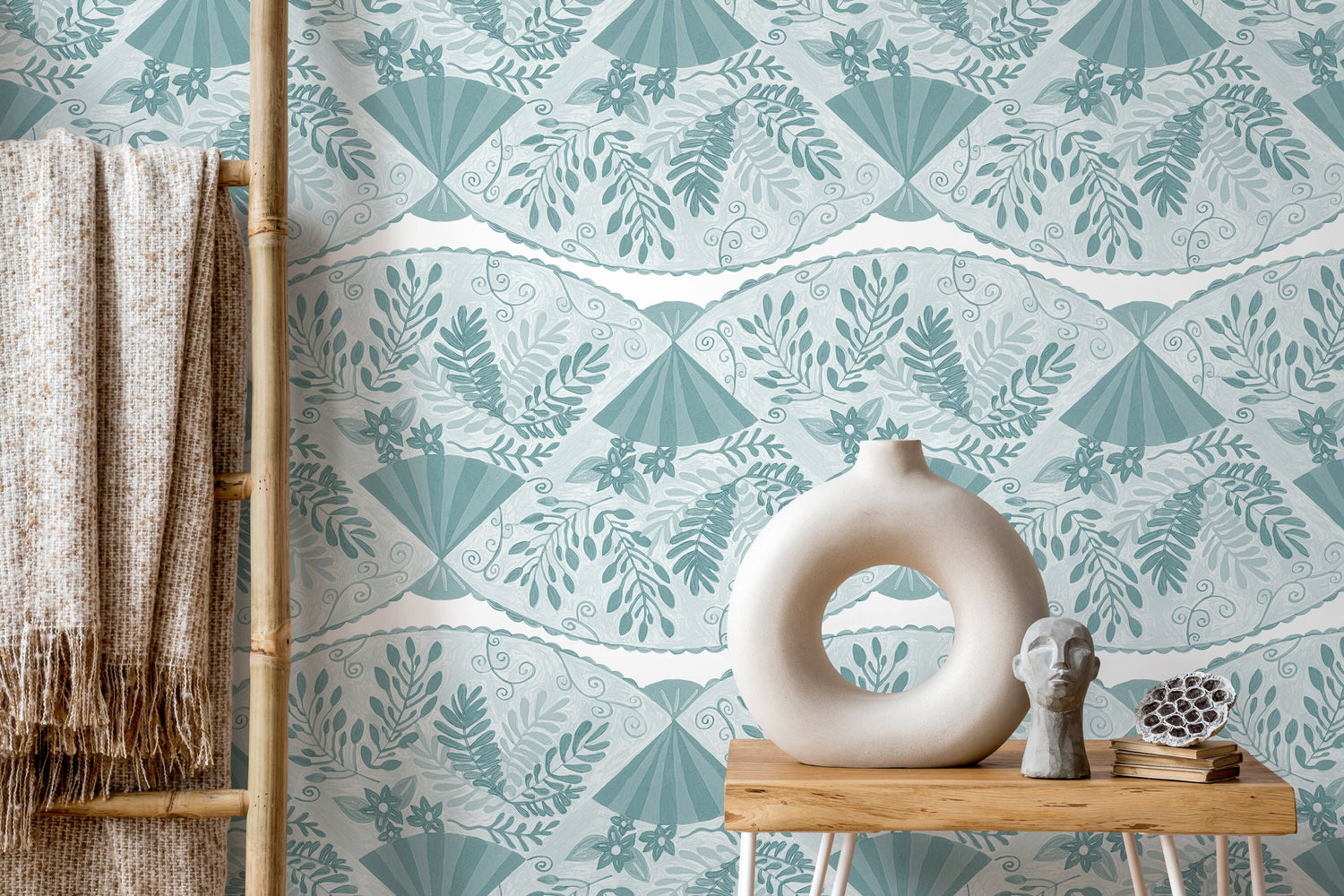 Light Blue Floral and Leaf Wallpaper / Peel and Stick Wallpaper Removable Wallpaper Home Decor Wall Art Wall Decor Room Decor - C946