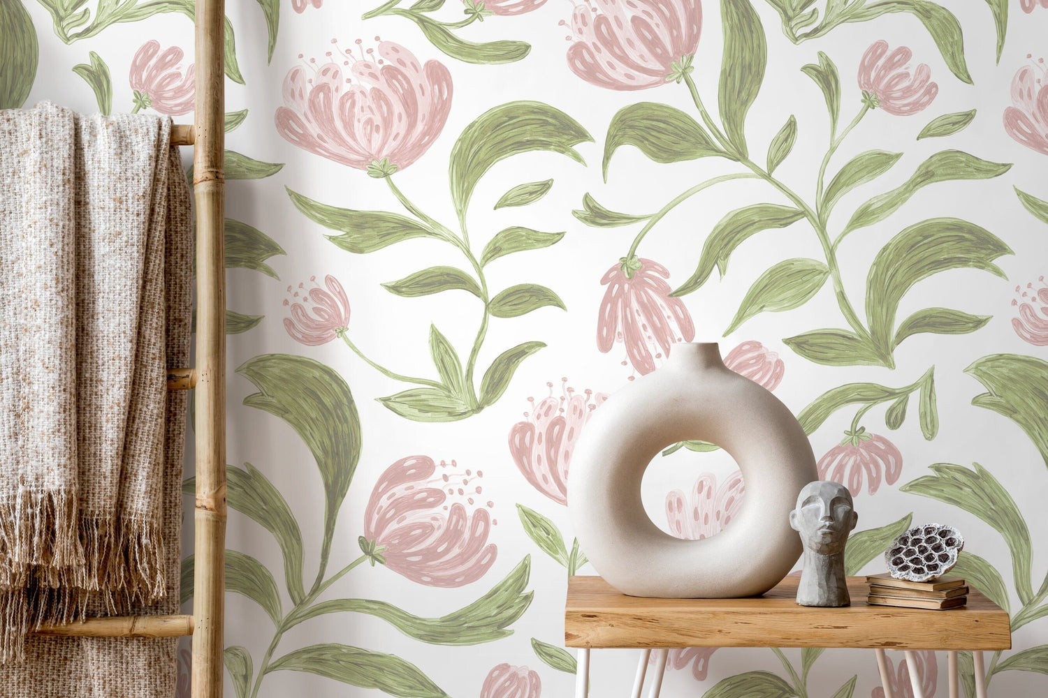 Pink Floral Garden Wallpaper / Peel and Stick Wallpaper Removable Wallpaper Home Decor Wall Art Wall Decor Room Decor - C972