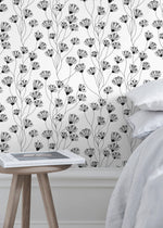 Black and White Wild Flowers Wallpaper / Peel and Stick Wallpaper Removable Wallpaper Home Decor Wall Art Wall Decor Room Decor - C839