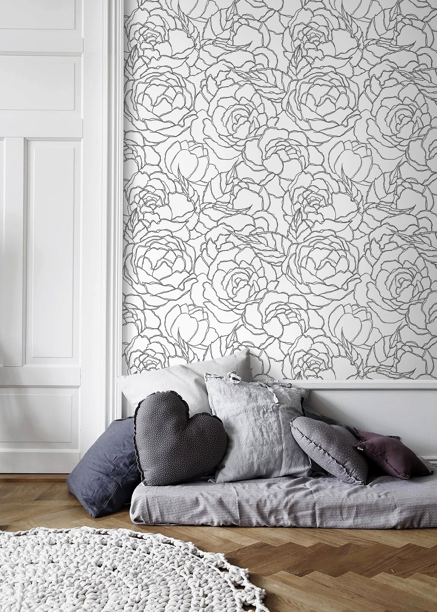 Gray Large Floral Wallpaper / Peel and Stick Wallpaper Removable Wallpaper Home Decor Wall Art Wall Decor Room Decor - C872