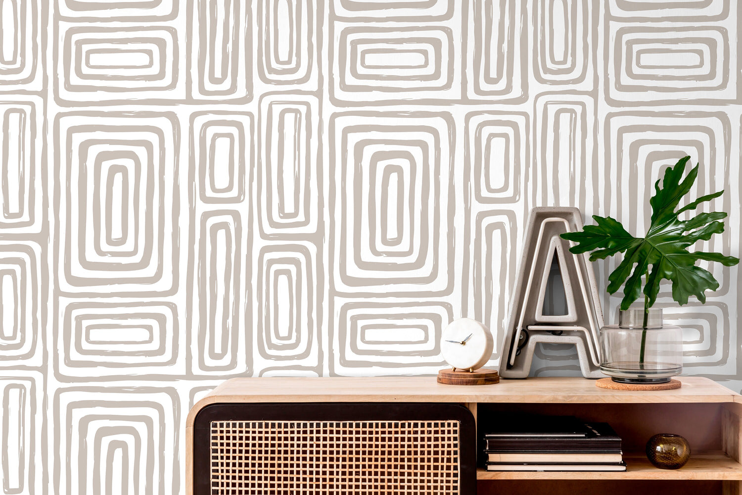 Warm Neutral Paint Brushed Labyrinth Wallpaper Peel and Stick Removable Repositionable Minimalistic Abstract Boho Beige & White - ZAAA