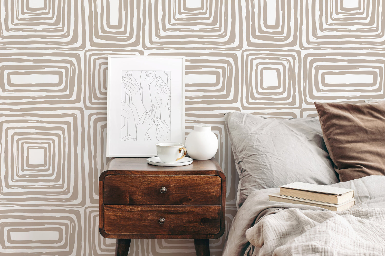 Warm Beige Paint Brushed Labyrinth Wallpaper Peel and Stick Removable Repositionable Minimalistic Abstract Boho Beige & White - ZAAB