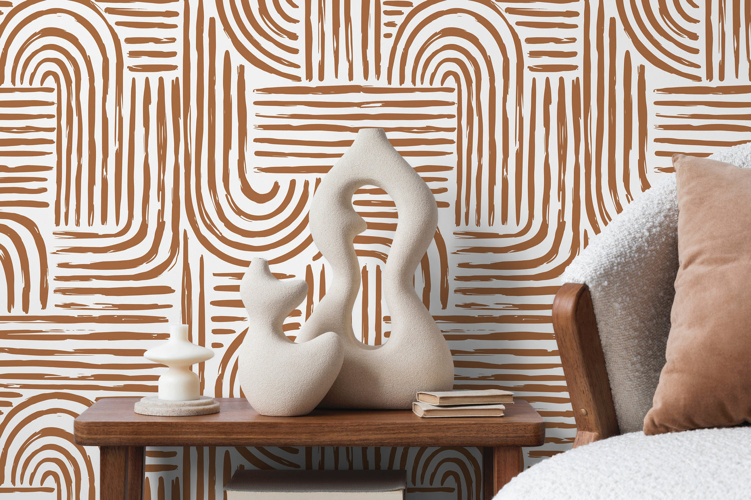 Seamless Rounded Lines Wallpaper Peel and Stick Removable Repositionable Brown Minimalist Light Abstract Brush Strokes Boho Moderne - ZAAC