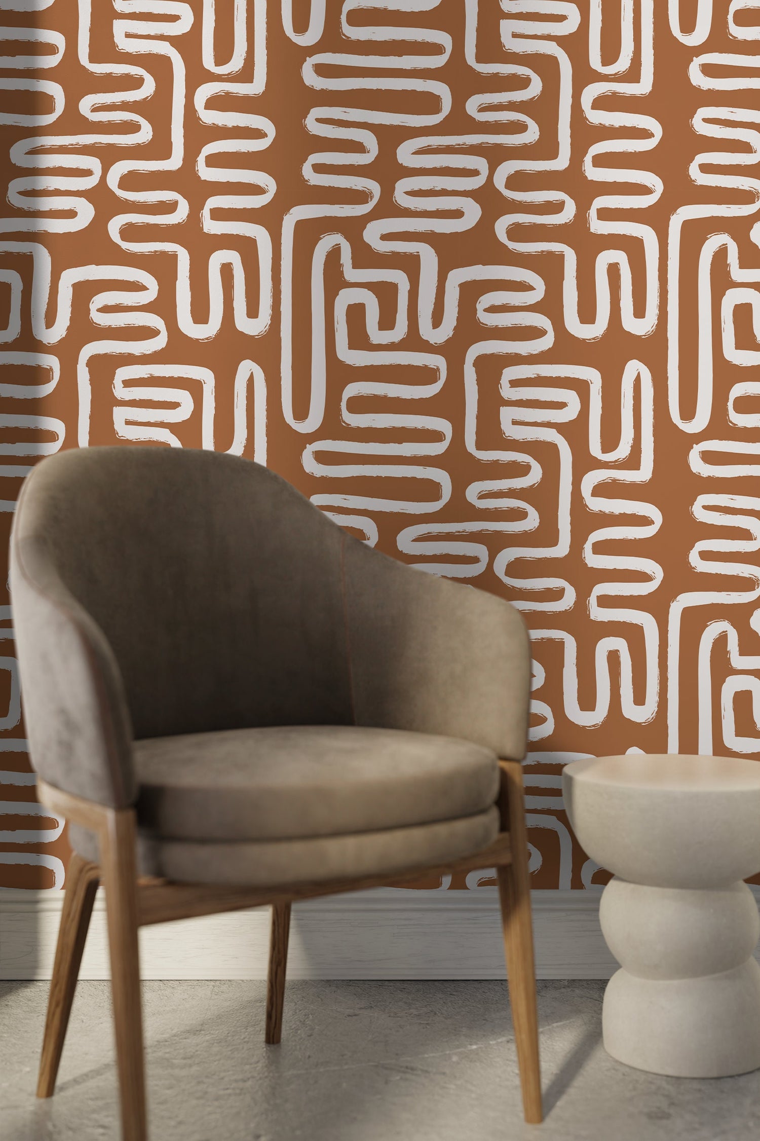 Seamless Rounded Lines Wallpaper Peel and Stick Removable Repositionable Brown Minimalist Light Abstract Brush Strokes Boho Moderne - ZAAJ