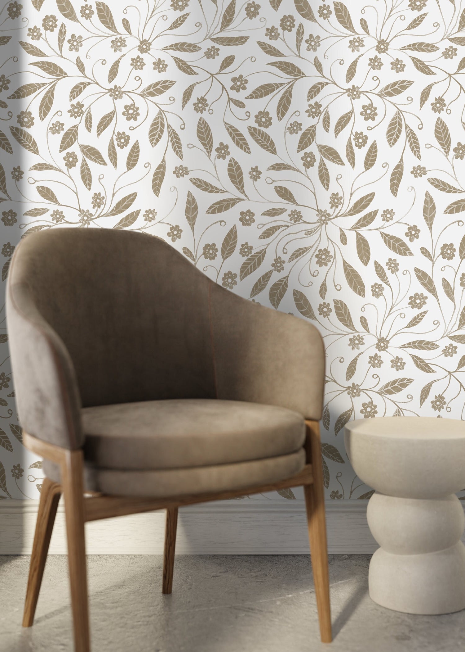 Beige Floral Garden Wallpaper / Peel and Stick Wallpaper Removable Wallpaper Home Decor Wall Art Wall Decor Room Decor - C968