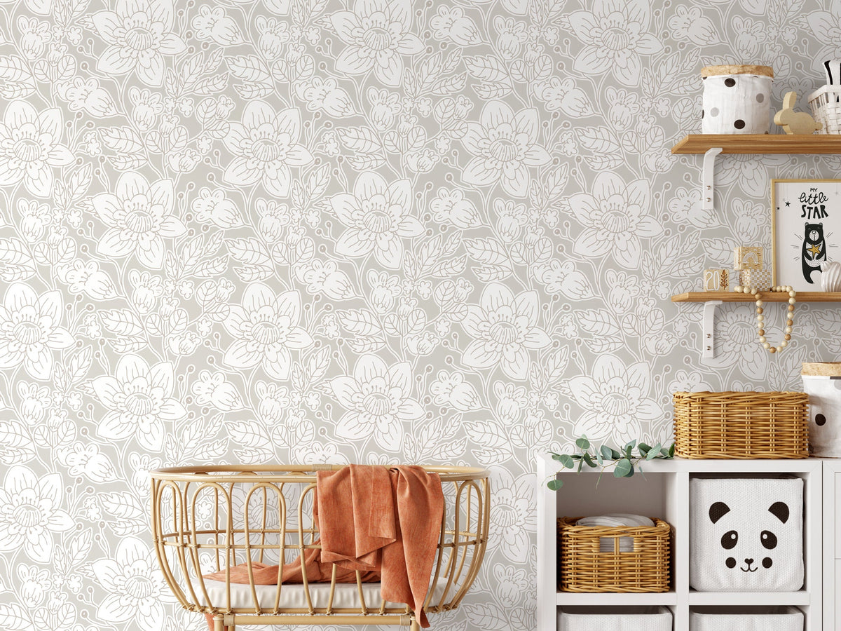 Neutral Boho Garden Wallpaper / Peel and Stick Wallpaper Removable Wallpaper Home Decor Wall Art Wall Decor Room Decor - C979