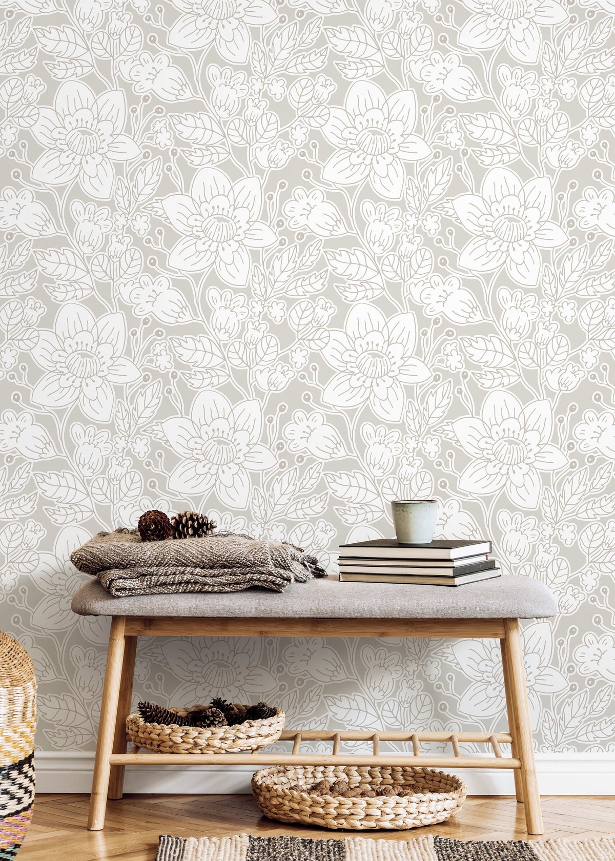 Neutral Boho Garden Wallpaper / Peel and Stick Wallpaper Removable Wallpaper Home Decor Wall Art Wall Decor Room Decor - C979