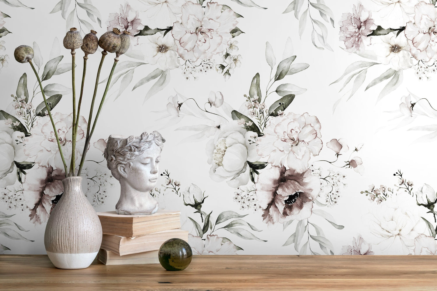 Neutral Vintage Peony Wallpaper / Peel and Stick Wallpaper Removable Wallpaper Home Decor Wall Art Wall Decor Room Decor - D023