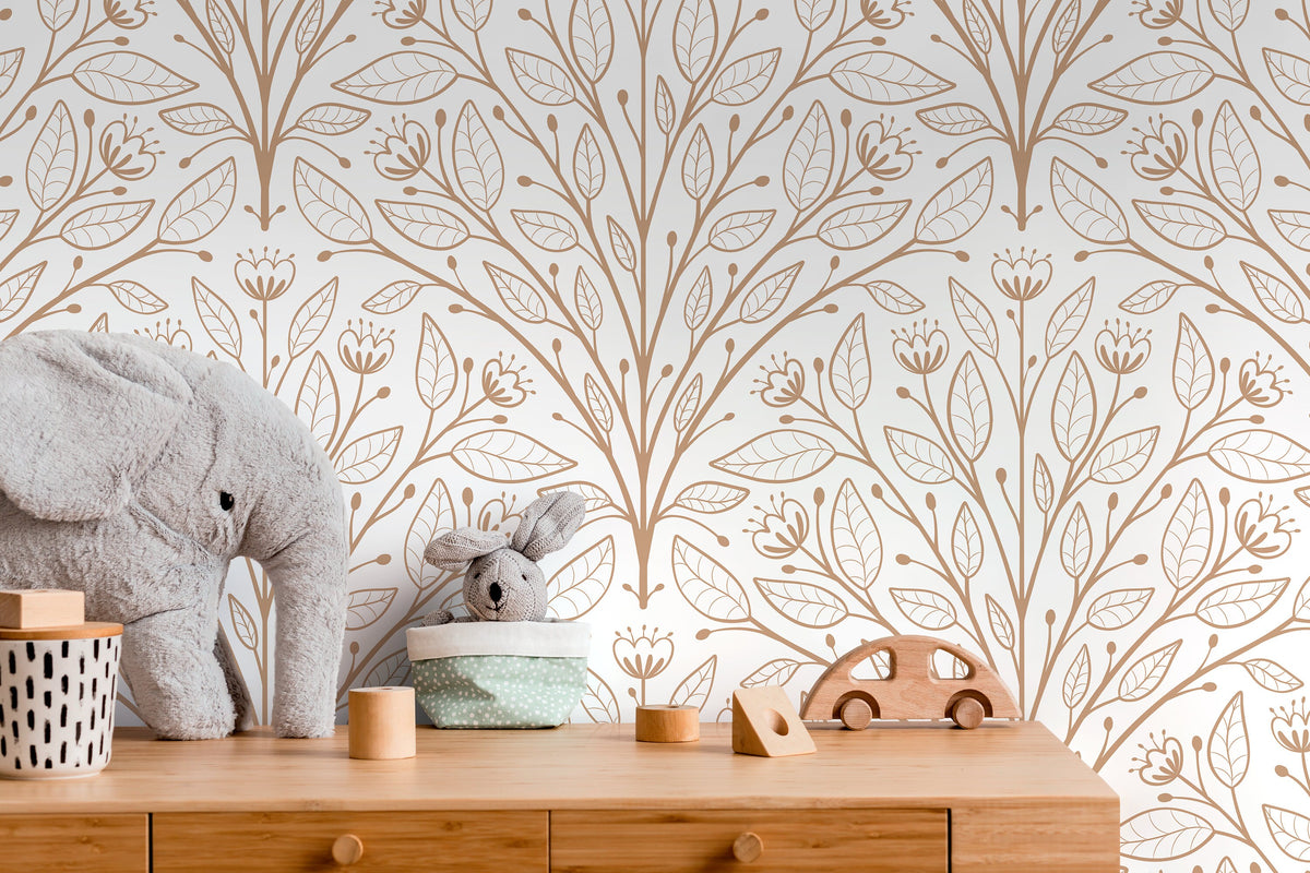 Beige Boho Floral Wallpaper / Peel and Stick Wallpaper Removable Wallpaper Home Decor Wall Art Wall Decor Room Decor - D041