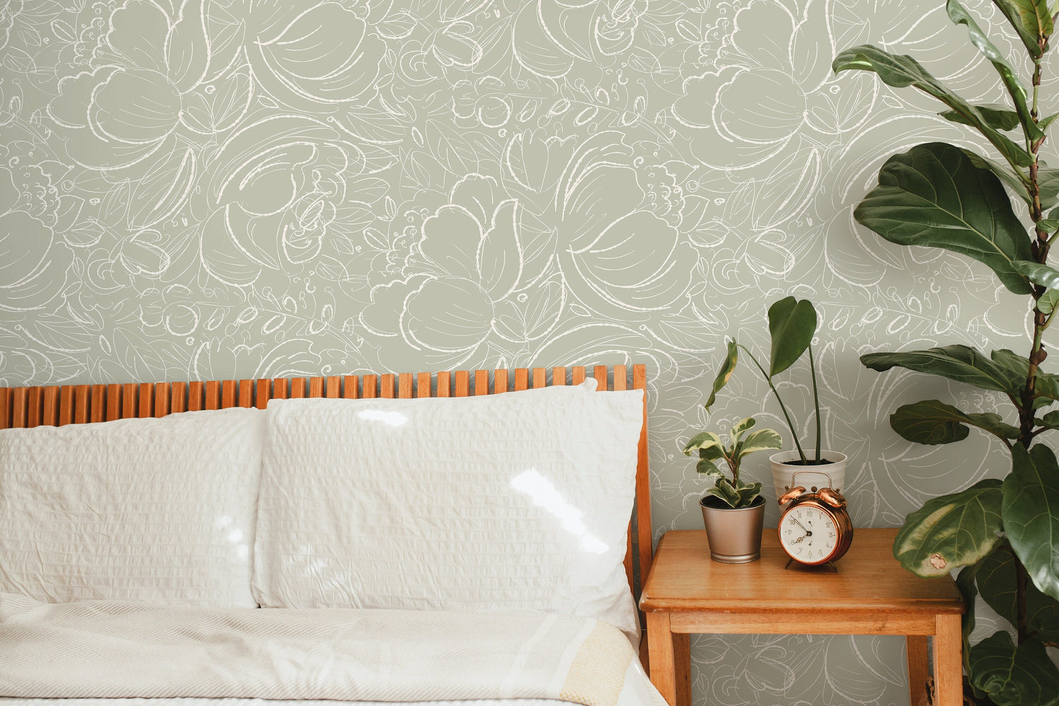 Green Floral Hand Drawing Wallpaper / Peel and Stick Wallpaper Removable Wallpaper Home Decor Wall Art Wall Decor Room Decor - D055