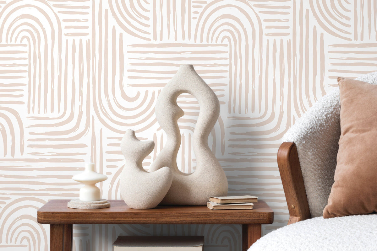 Seamless Rounded Lines Wallpaper Peel and Stick Removable Repositionable Neutral Minimalist Light Abstract Brush Strokes Boho Moderne - ZAAD