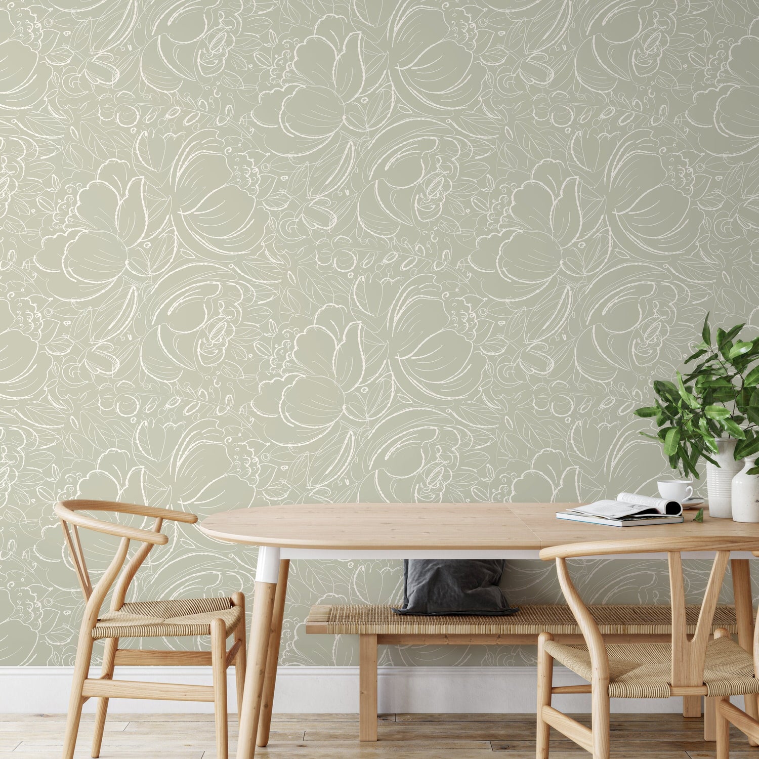 Green Floral Hand Drawing Wallpaper / Peel and Stick Wallpaper Removable Wallpaper Home Decor Wall Art Wall Decor Room Decor - D055