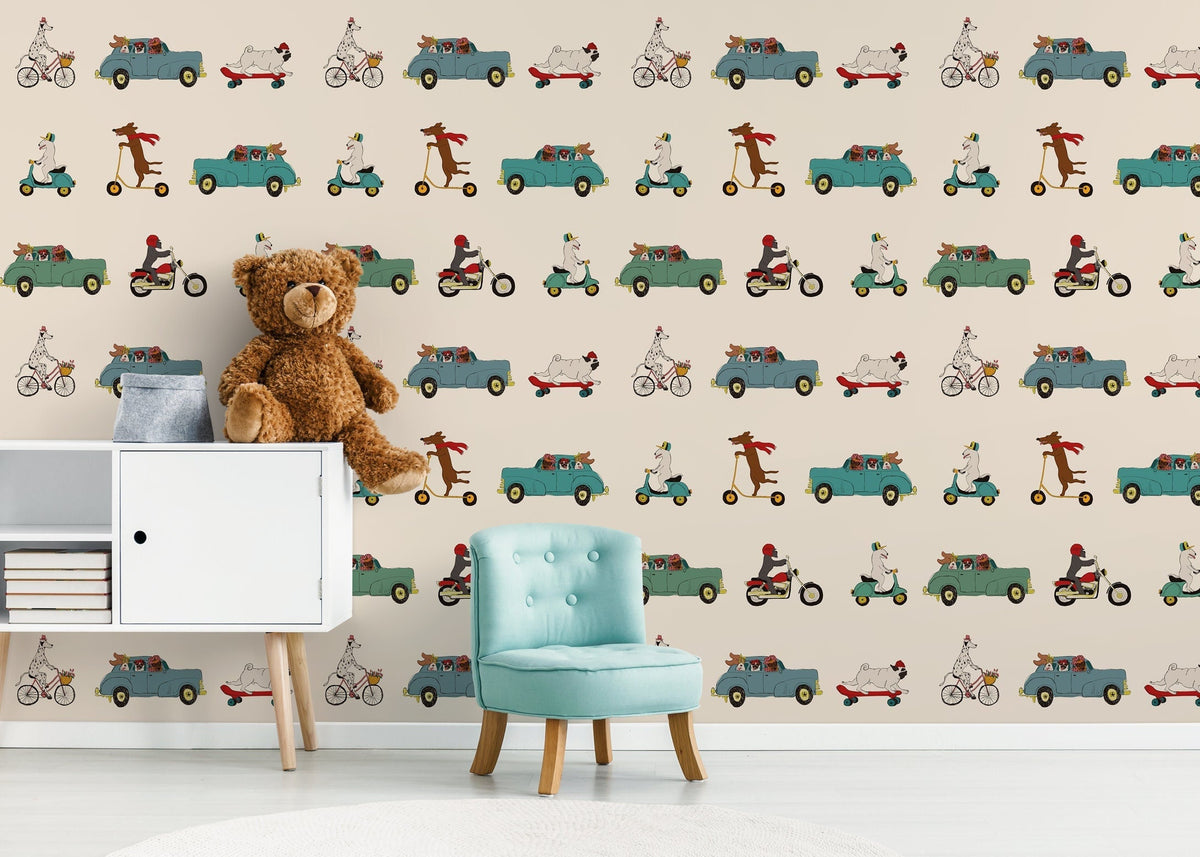 Pups in Cars Wallpaper Removable Peel and Stick Wallpaper, Animal Dog Wallpaper Repositionable Peel and Stick Wallpaper - ZACE