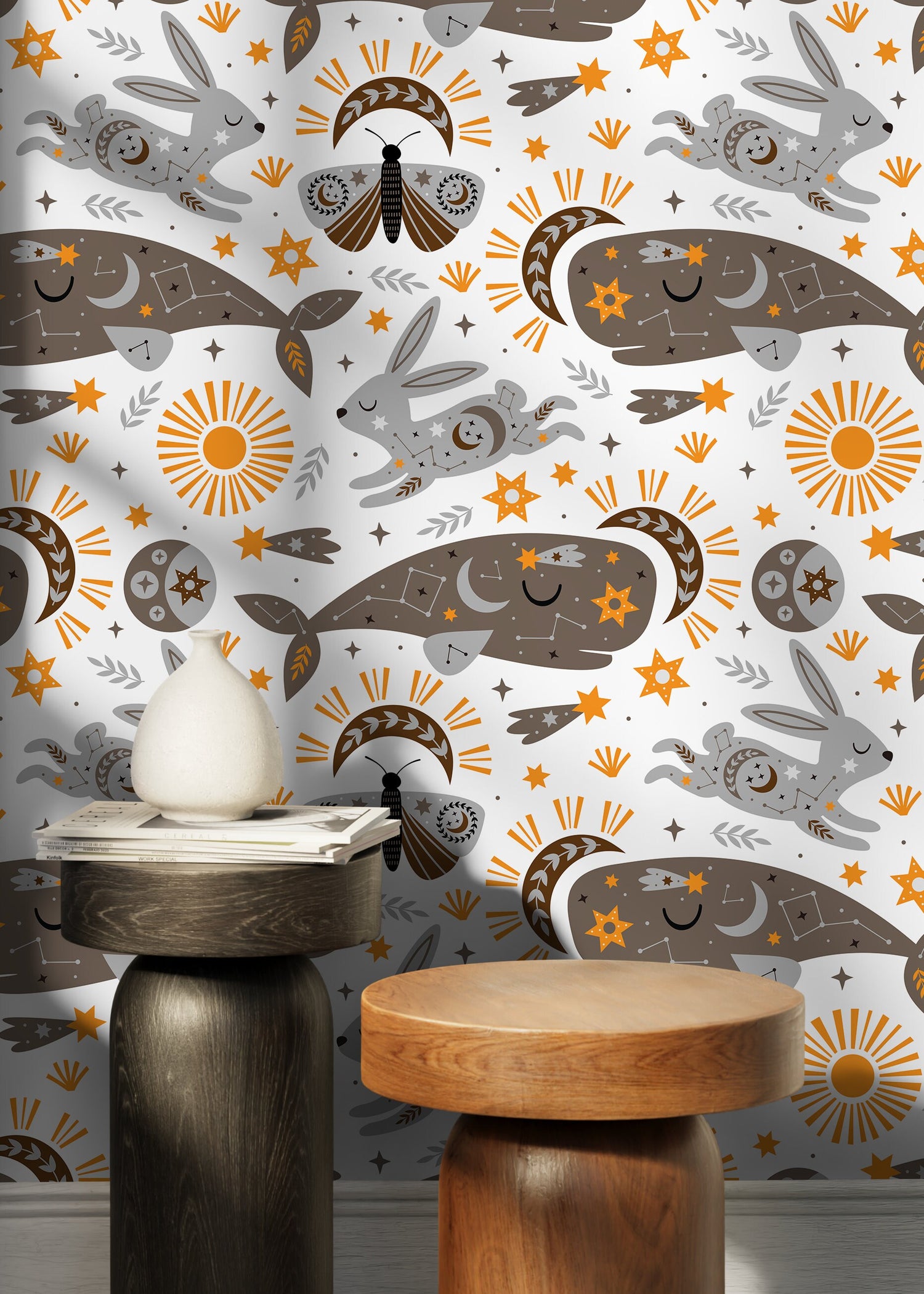 Mystique and Celestial Wallpaper Removable Peel and Stick Wallpaper, Peel and Stick Wallpaper Rabbit and Whale - ZACP