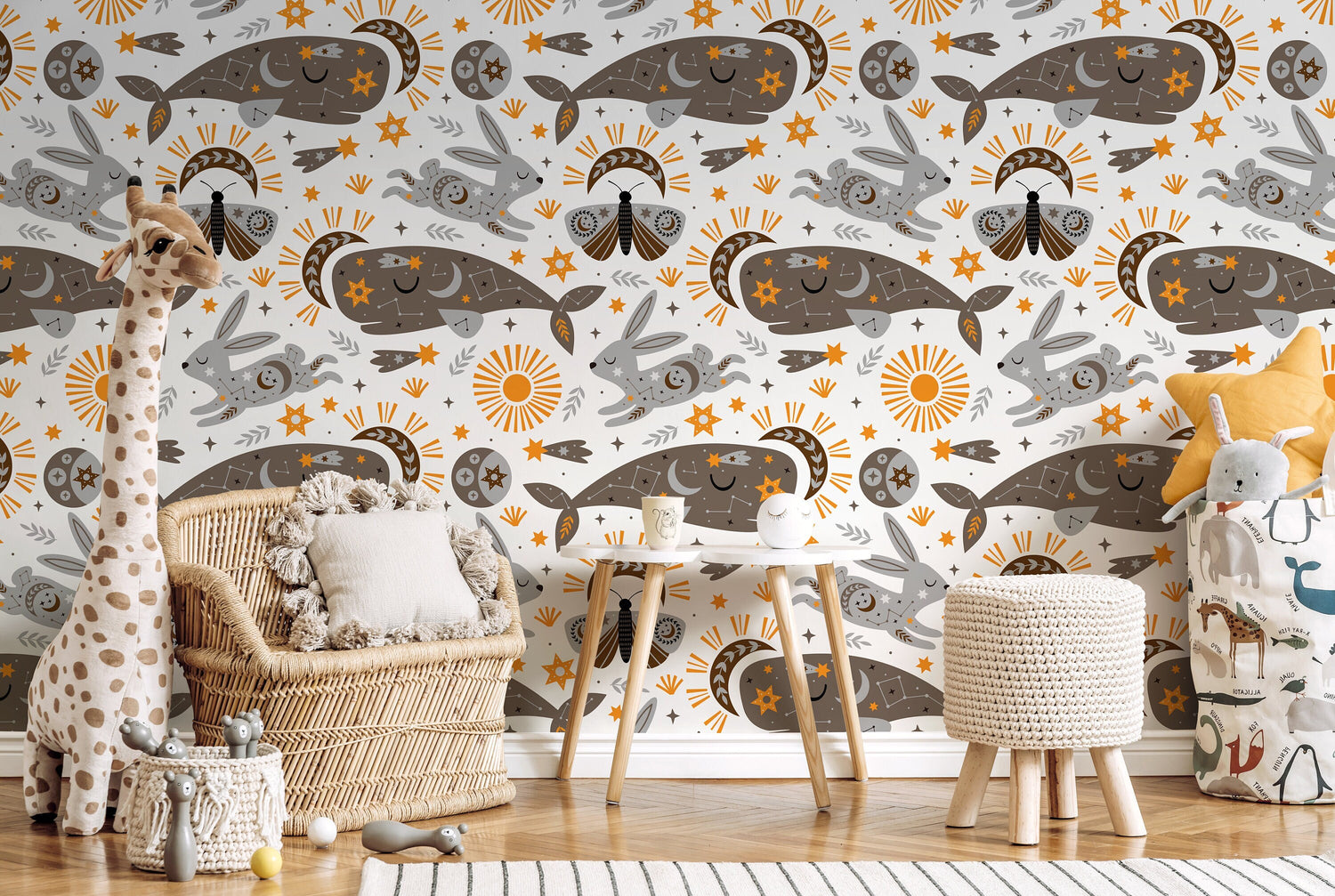 Mystique and Celestial Wallpaper Removable Peel and Stick Wallpaper, Peel and Stick Wallpaper Rabbit and Whale - ZACP