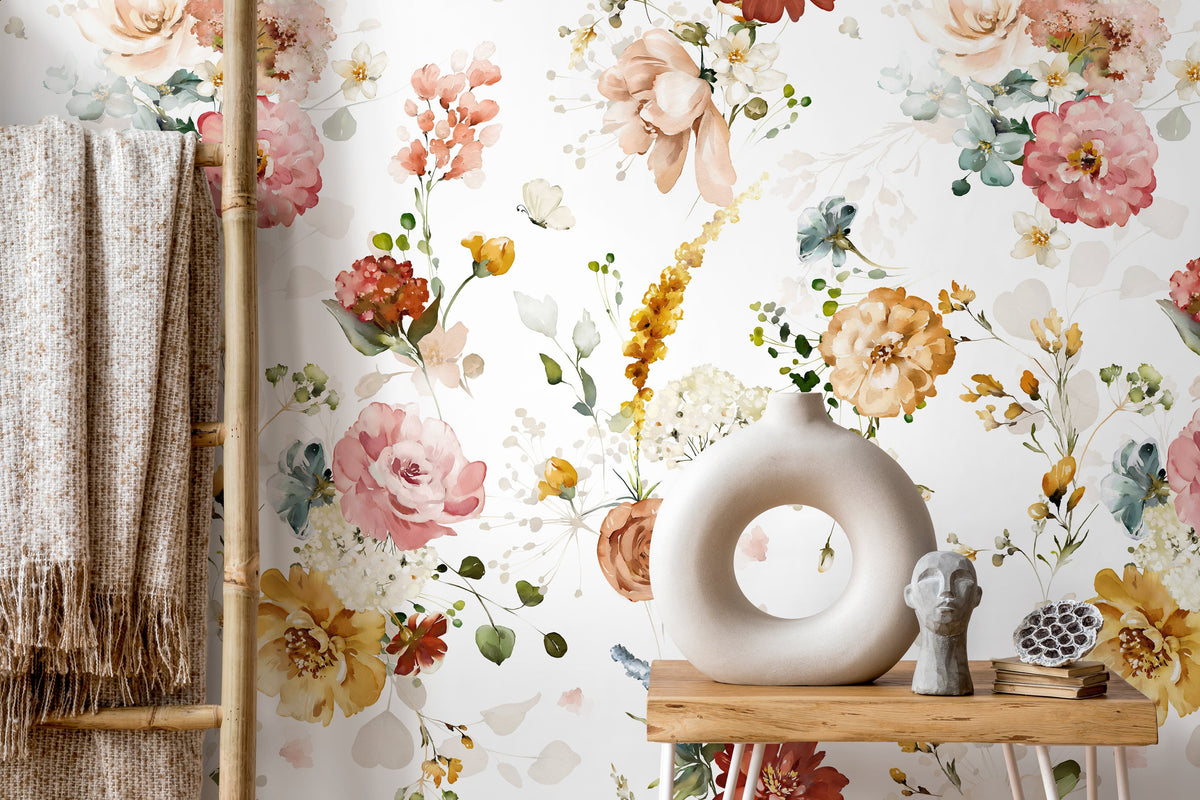 Vintage Floral Watercolor Wallpaper / Peel and Stick Wallpaper Removable Wallpaper Home Decor Wall Art Wall Decor Room Decor - D022