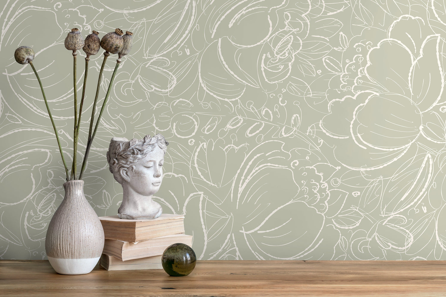 Green Floral Hand Drawing Wallpaper / Peel and Stick Wallpaper Removable Wallpaper Home Decor Wall Art Wall Decor Room Decor - D055