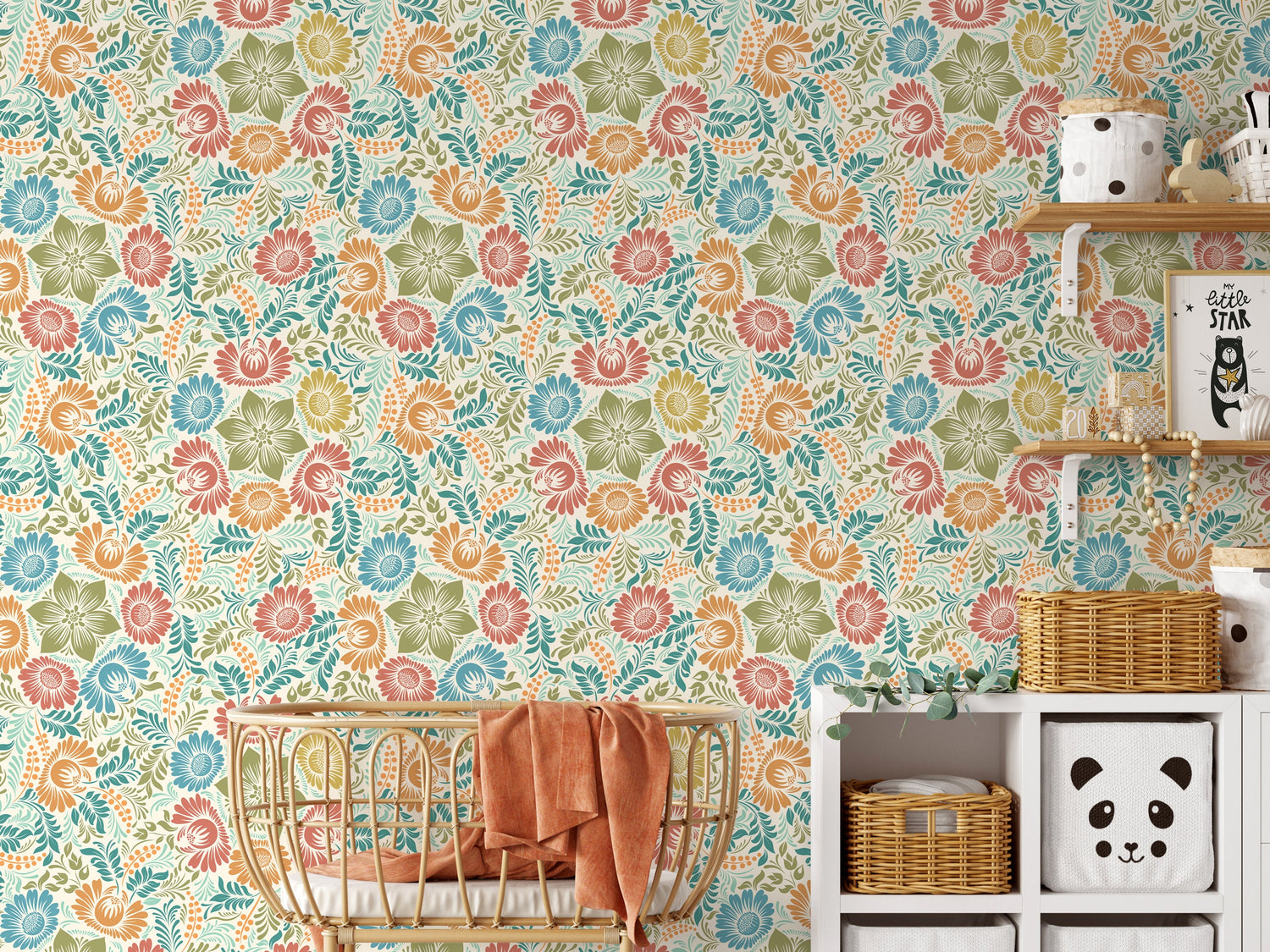 Colorful Floral Wallpaper / Peel and Stick Wallpaper Removable Wallpaper Home Decor Wall Art Wall Decor Room Decor - D070