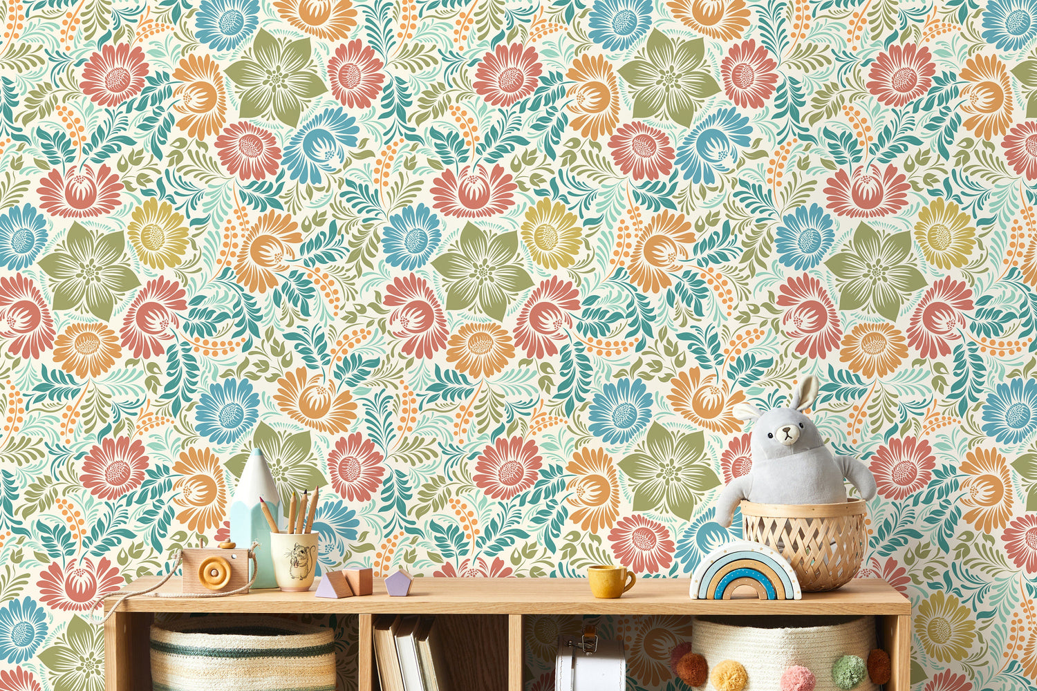 Colorful Floral Wallpaper / Peel and Stick Wallpaper Removable Wallpaper Home Decor Wall Art Wall Decor Room Decor - D070