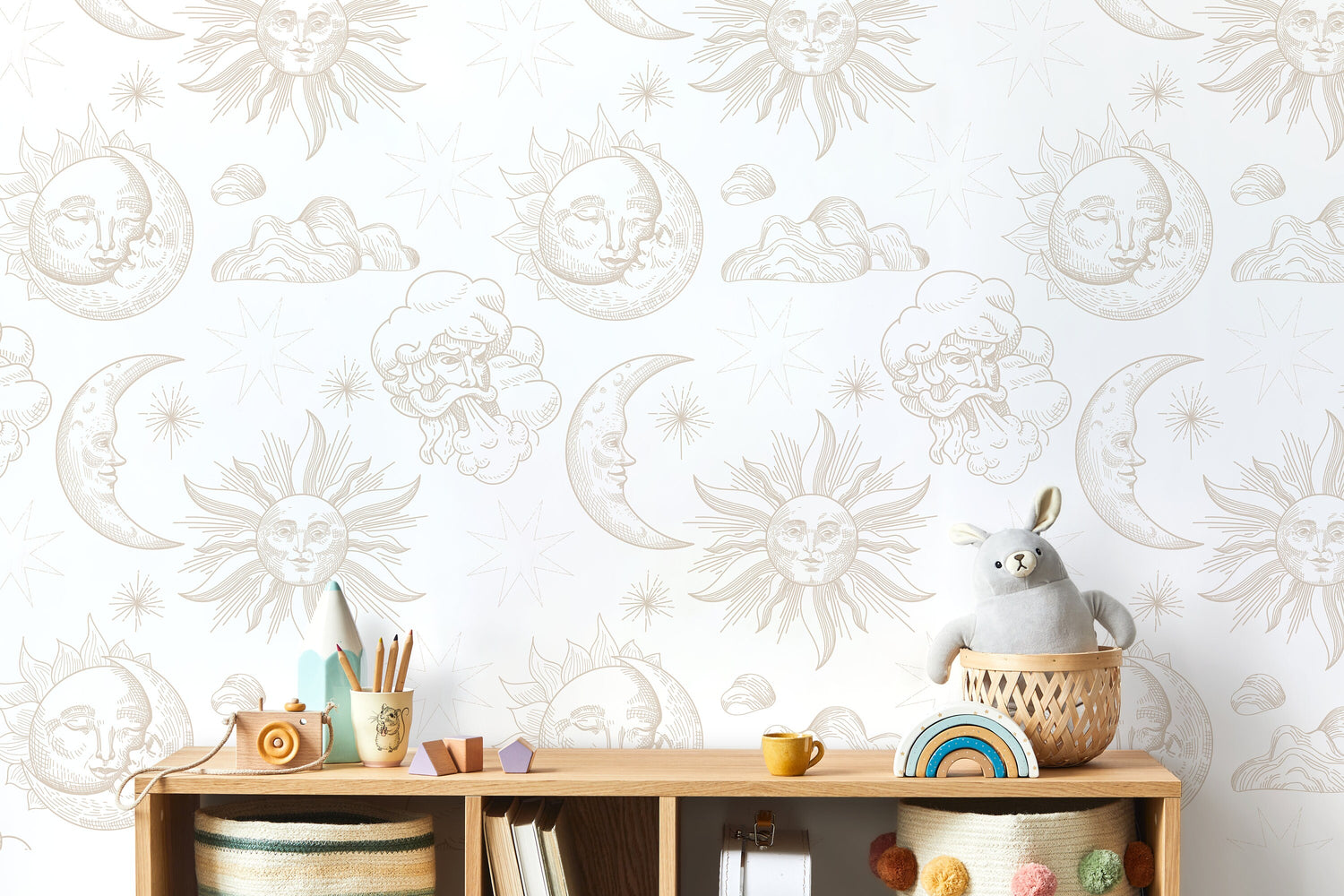 Neutral Mystique and Celestial Wallpaper Removable Peel and Stick Wallpaper, Peel and Stick Wallpaper Moon and Sun - ZABB