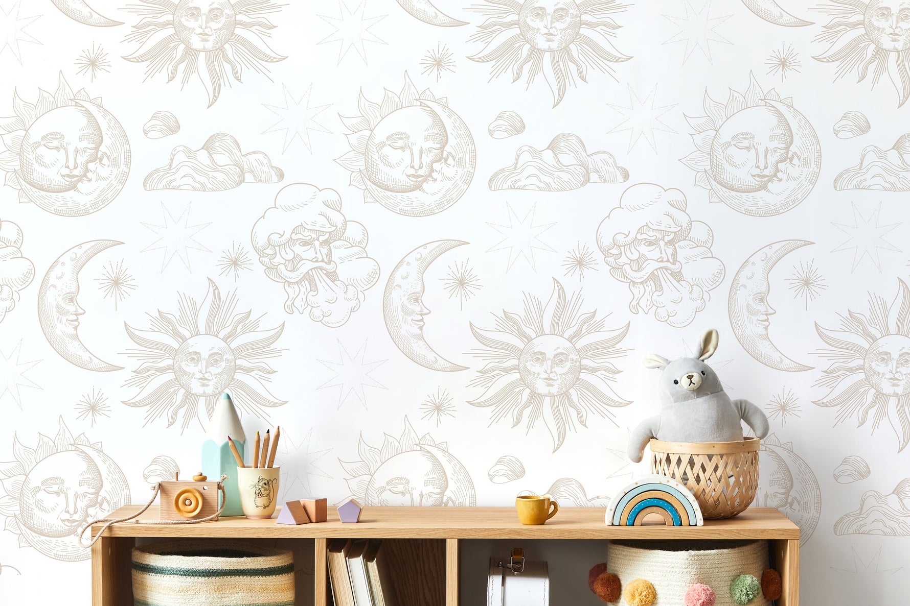 Neutral Mystique and Celestial Wallpaper Removable Peel and Stick Wallpaper, Peel and Stick Wallpaper Moon and Sun - ZABB