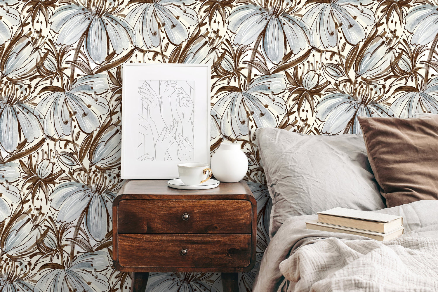 Boho Floral Drawn Wallpaper / Peel and Stick Wallpaper Removable Wallpaper Home Decor Wall Art Wall Decor Room Decor - C831