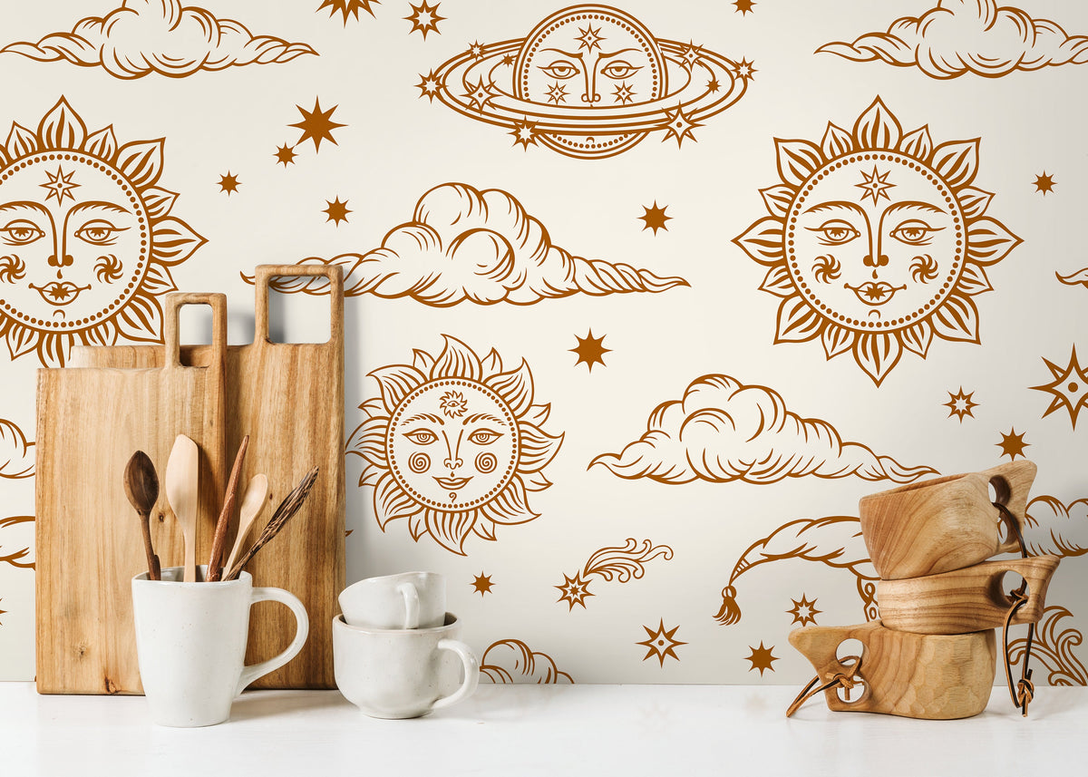 Mystique and Celestial Wallpaper Removable Peel and Stick Wallpaper, Peel and Stick Wallpaper Moon and Sun - ZABC