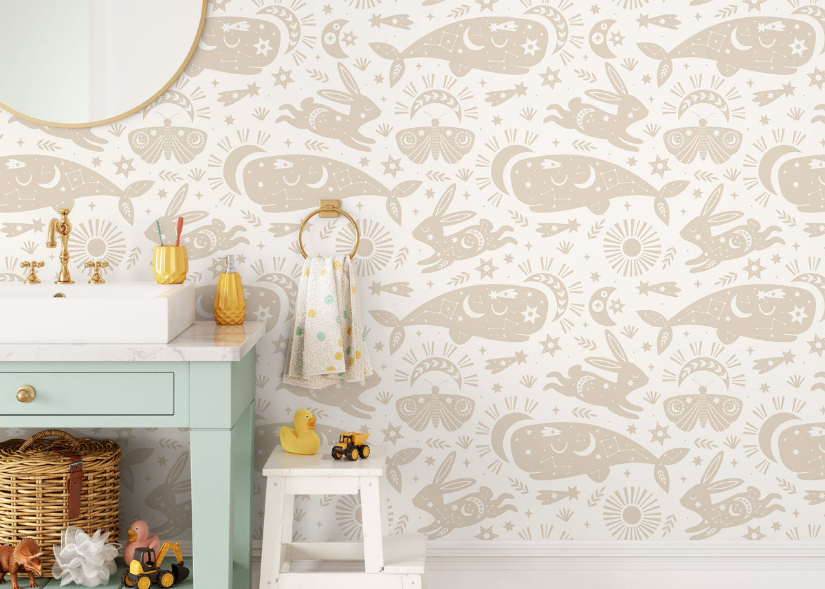 Mystique and Celestial Wallpaper Removable Peel and Stick Wallpaper, Peel and Stick Wallpaper Neutral Moon and Sun - ZABE