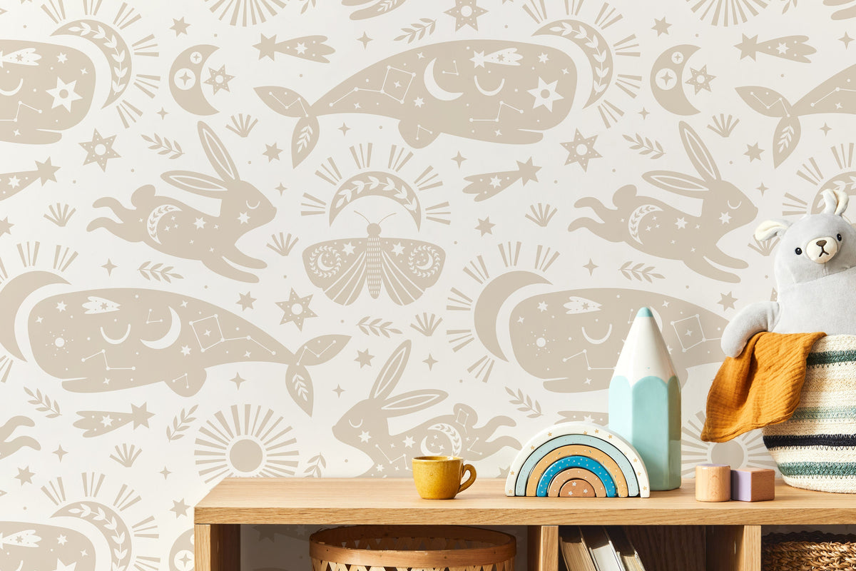 Mystique and Celestial Wallpaper Removable Peel and Stick Wallpaper, Peel and Stick Wallpaper Neutral Moon and Sun - ZABE