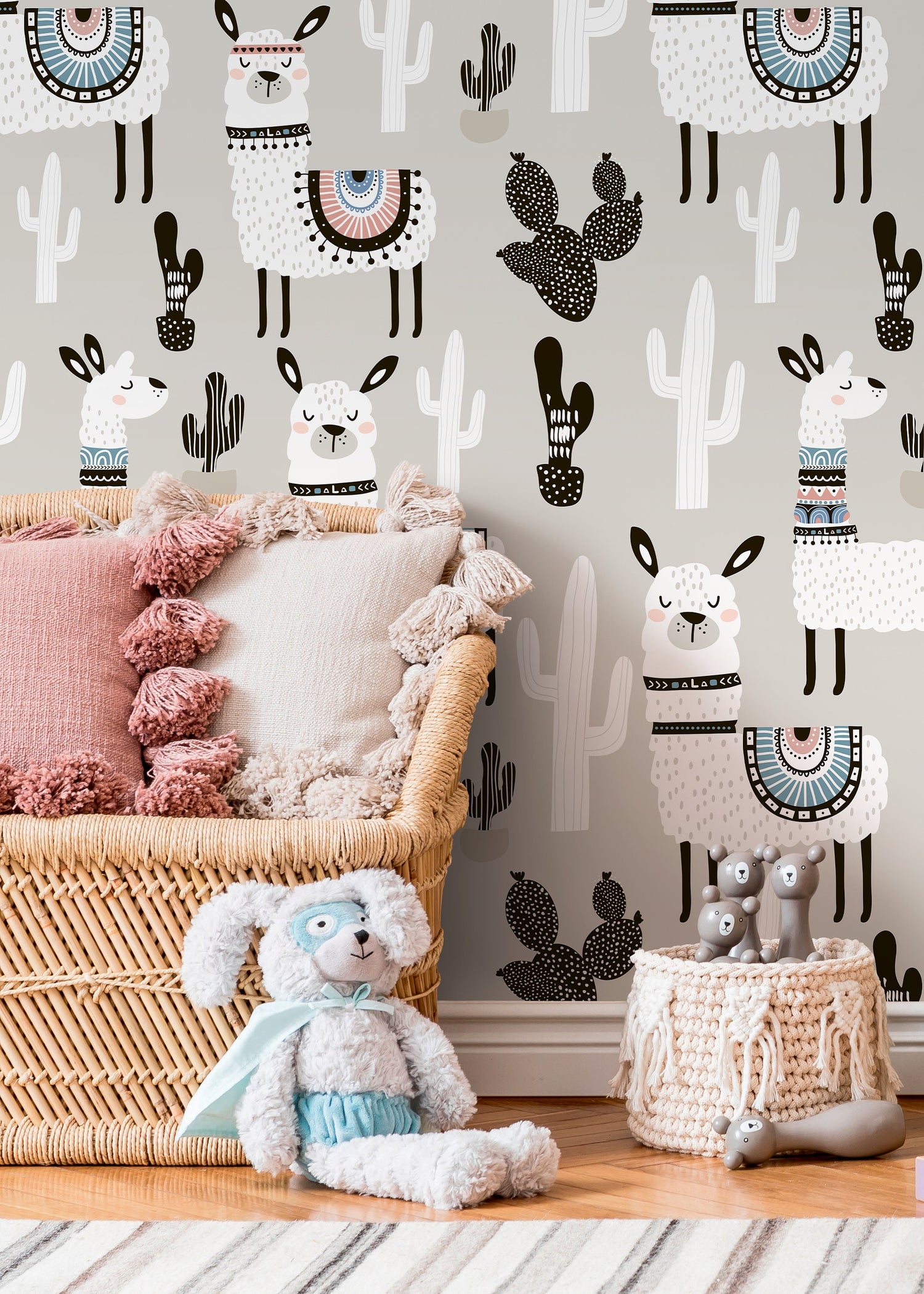 Light Gray Wallpaper for Kids With White Llamas and Cactuses, Nursery Wall Mural, Peel and Stick, Self-Adhesive, Wall Decor - CC-D078