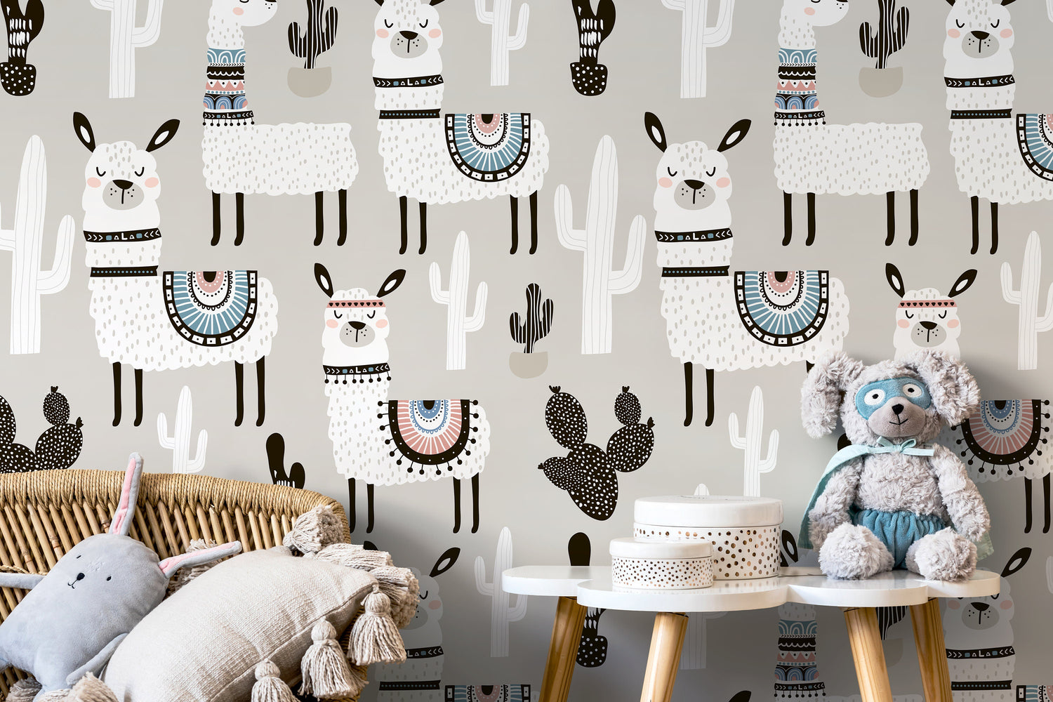 Light Gray Wallpaper for Kids With White Llamas and Cactuses, Nursery Wall Mural, Peel and Stick, Self-Adhesive, Wall Decor - CC-D078