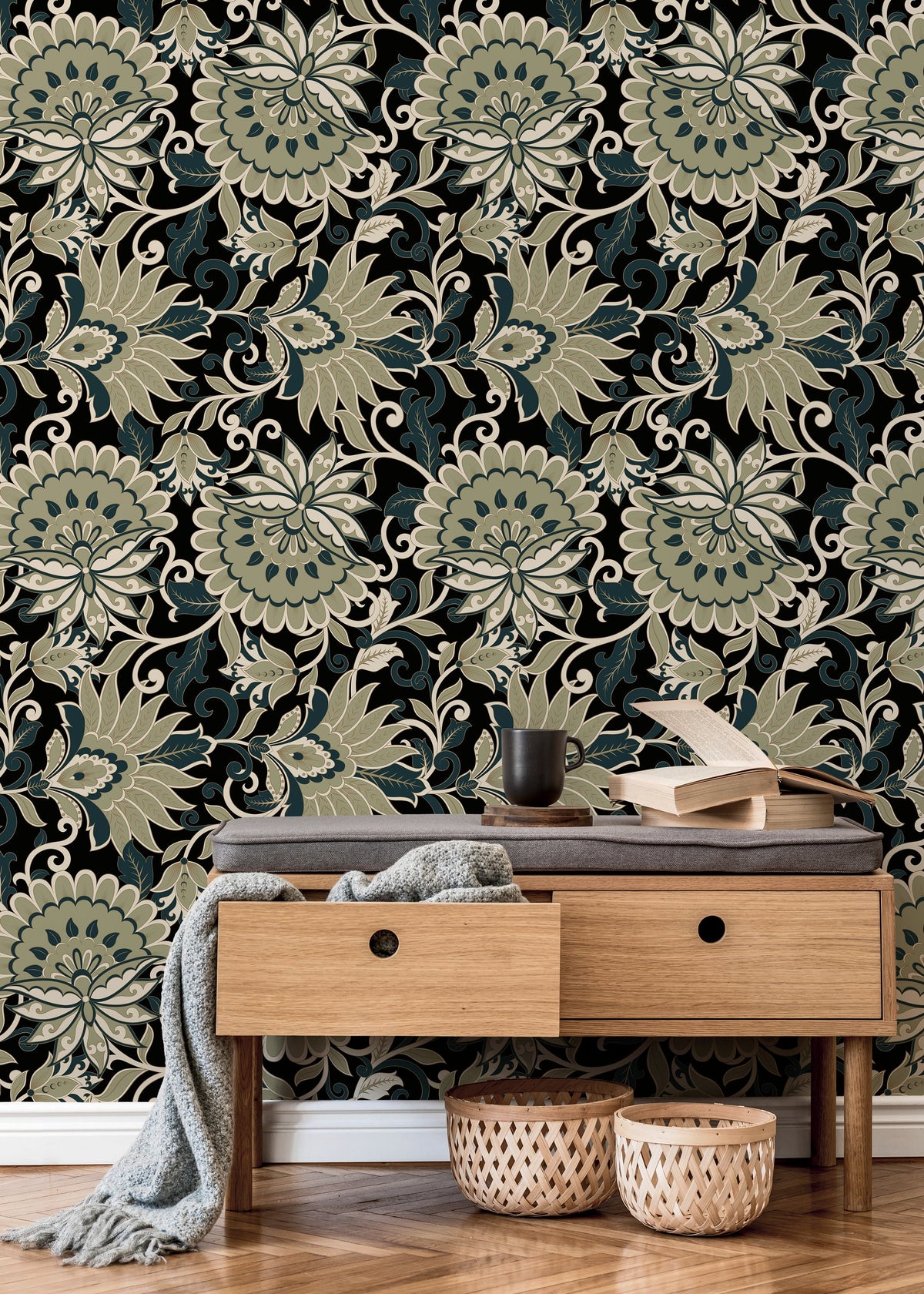 Green Victorian Wallpaper / Peel and Stick Wallpaper Removable Wallpaper Home Decor Wall Art Wall Decor Room Decor - D080