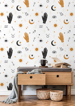 Astral Pray Wallpaper Removable Peel and Stick Wallpaper, Modern Boho Hands Sun Moon Print Repositionable Peel and Stick Wallpaper - ZABI